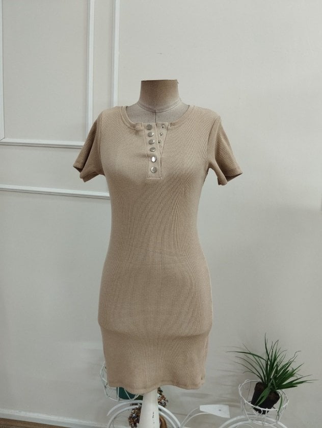Women's Short-Sleeve Round Neck Button Placket Ribbed Knit Dress - Janes - by Peralane - photo 4