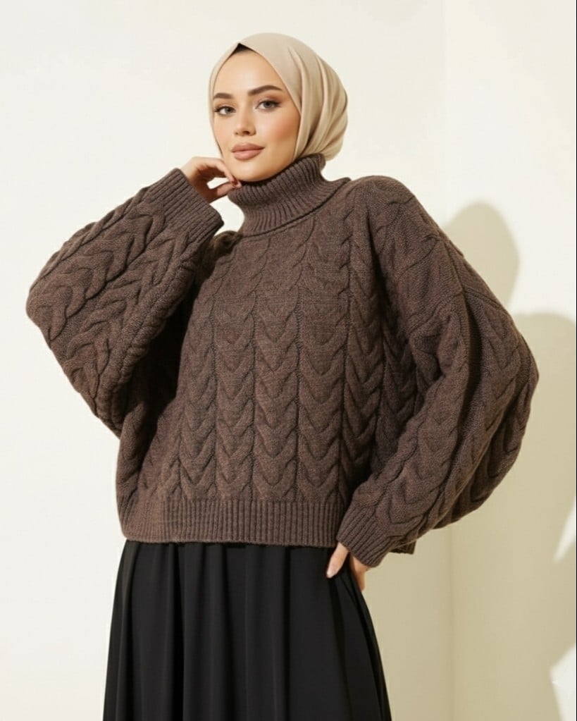 Brown Cable-Knit Turtleneck Sweater - Podyumplus - by Peralane - photo 2