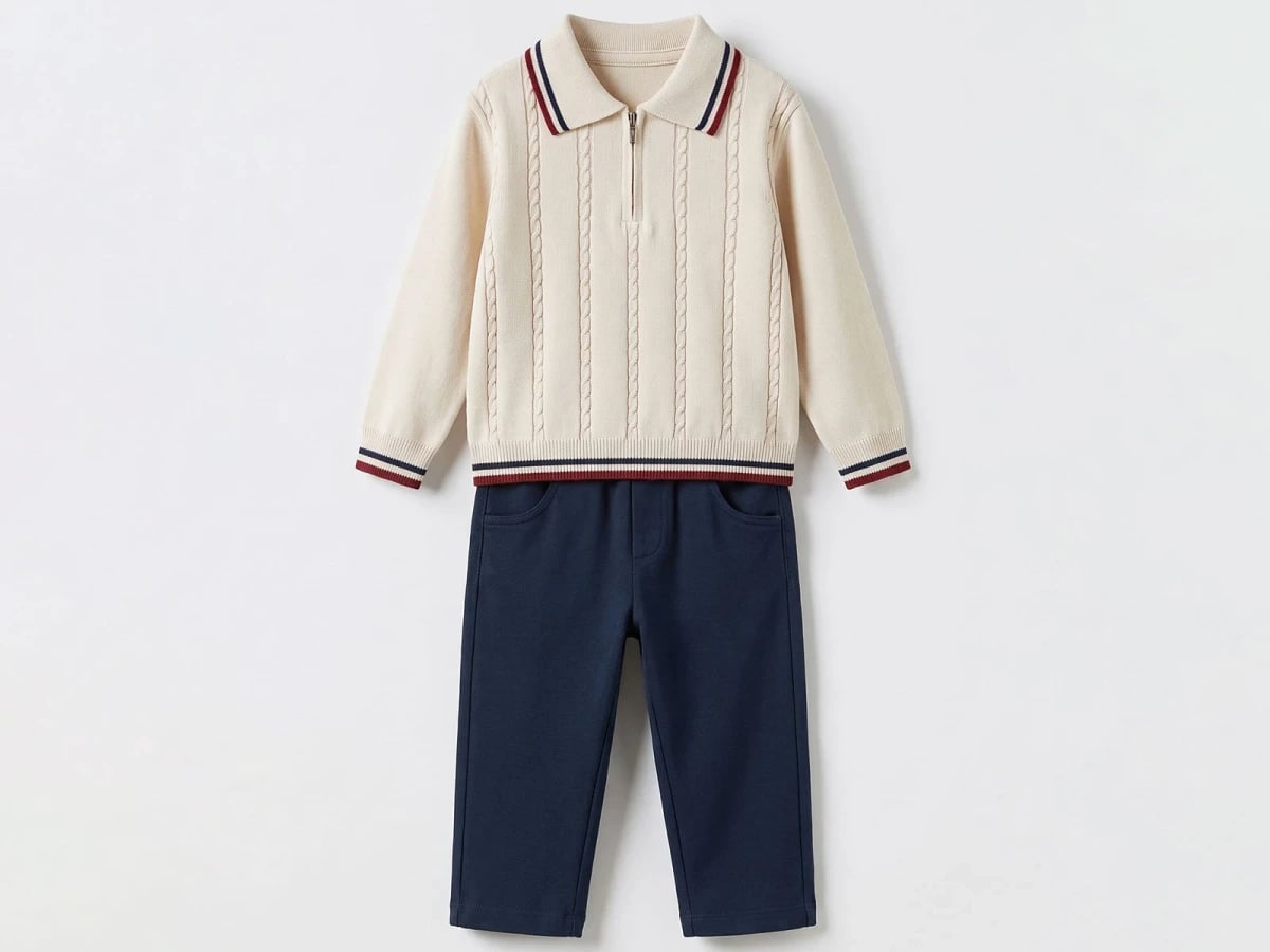 Cable Knit Baby Boy 2-Piece Set – Cream with Navy Red Trim - Canoz - by Peralane