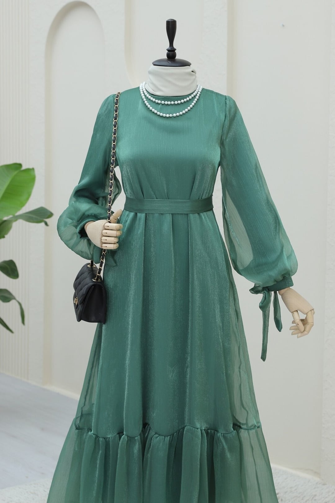 Green Tiered Ruffle Dress with Tie Cuffs and Belt - Podyumplus - by Peralane - photo 4
