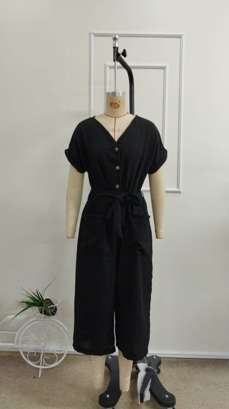 Women's Short Sleeve V-Neck Button-Front Belted Long Jumpsuit with Pockets - Janes - by Peralane - photo 4