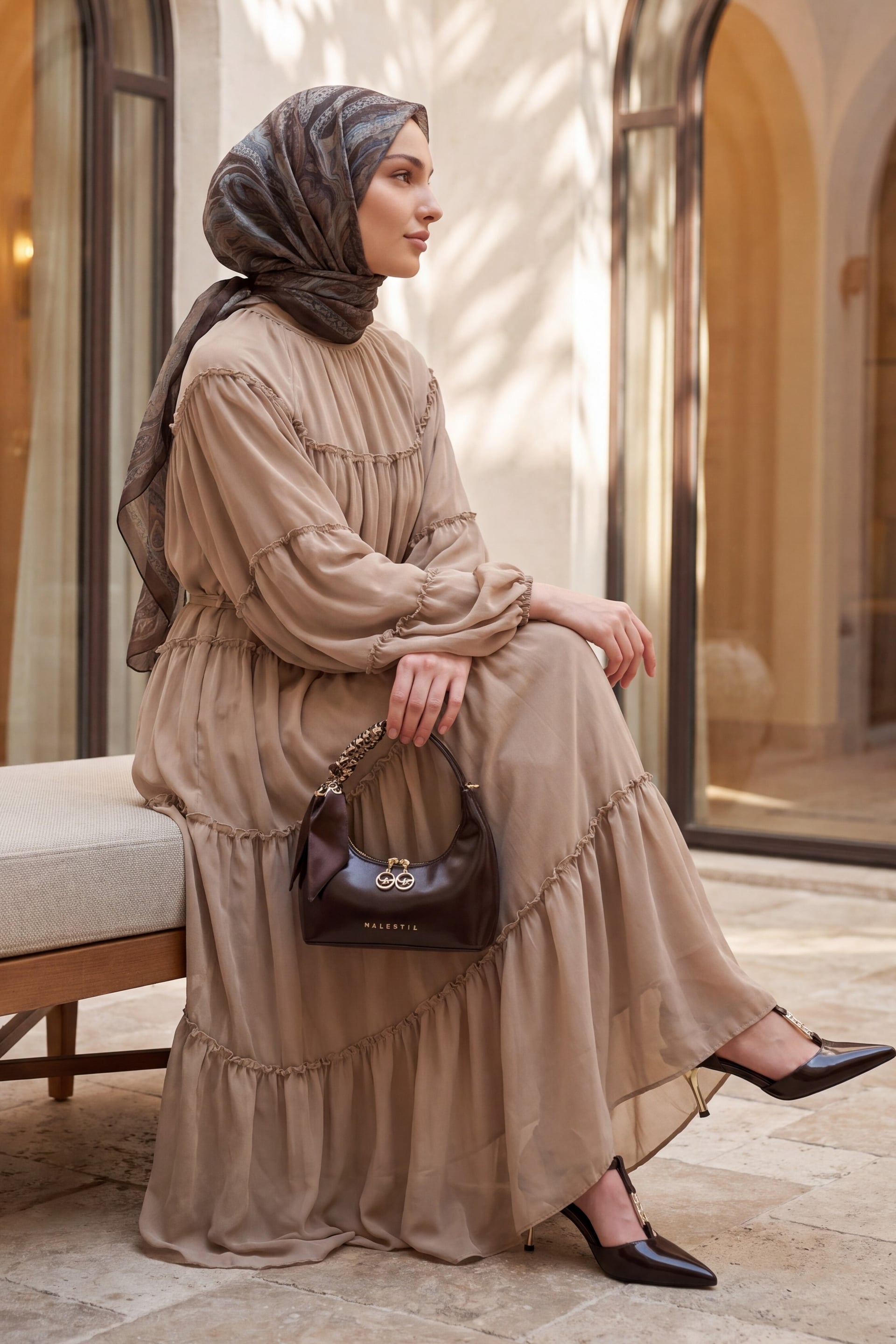 Ruffled Tiered Tie-Waist Long Dress - Beige - Podyumplus - by Peralane - photo 2