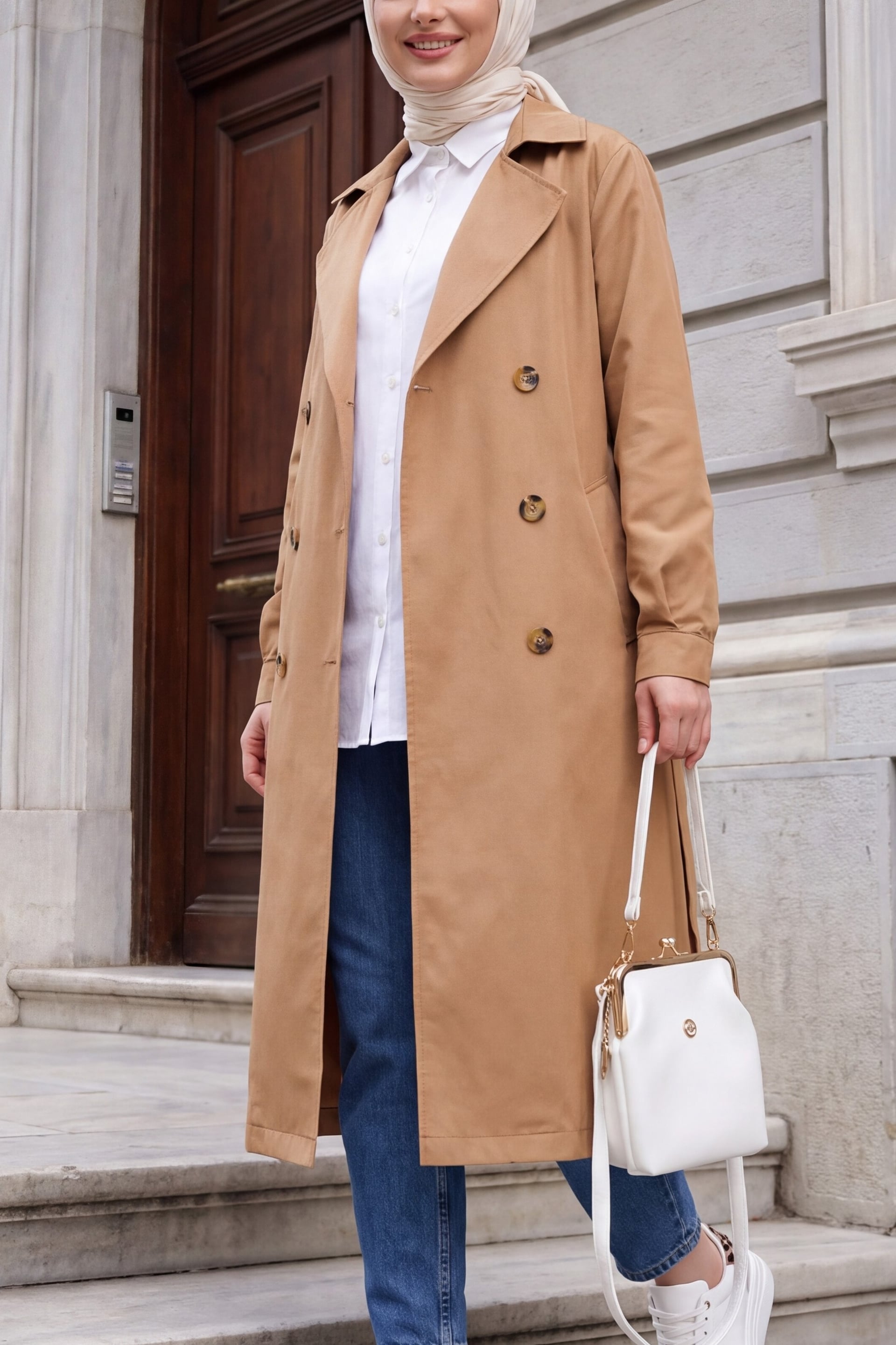 T5853 Double-Breasted Modest Trench Coat - Tan - Bigdart - by Peralane