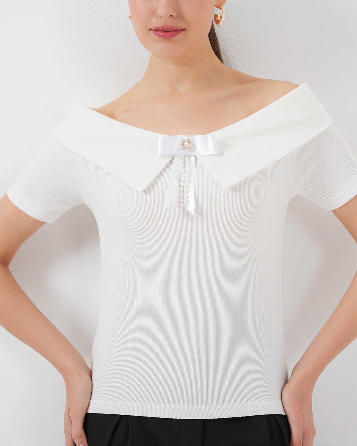 Ribbon Detail Knitted Blouse 949 - White - Bigdart - by Peralane - photo 3