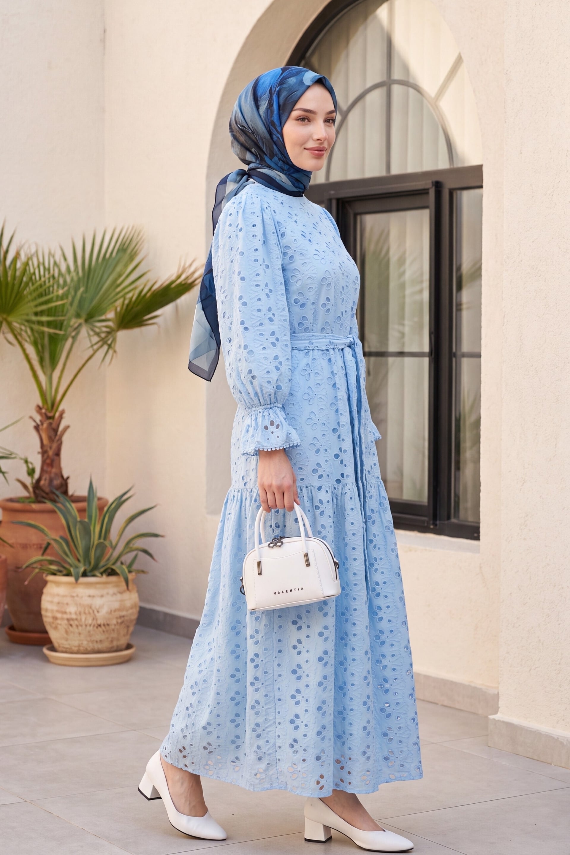 Light Blue Long-Sleeved Floral Eyelet Linen Dress with Tie Belt - Podyumplus - by Peralane - photo 2