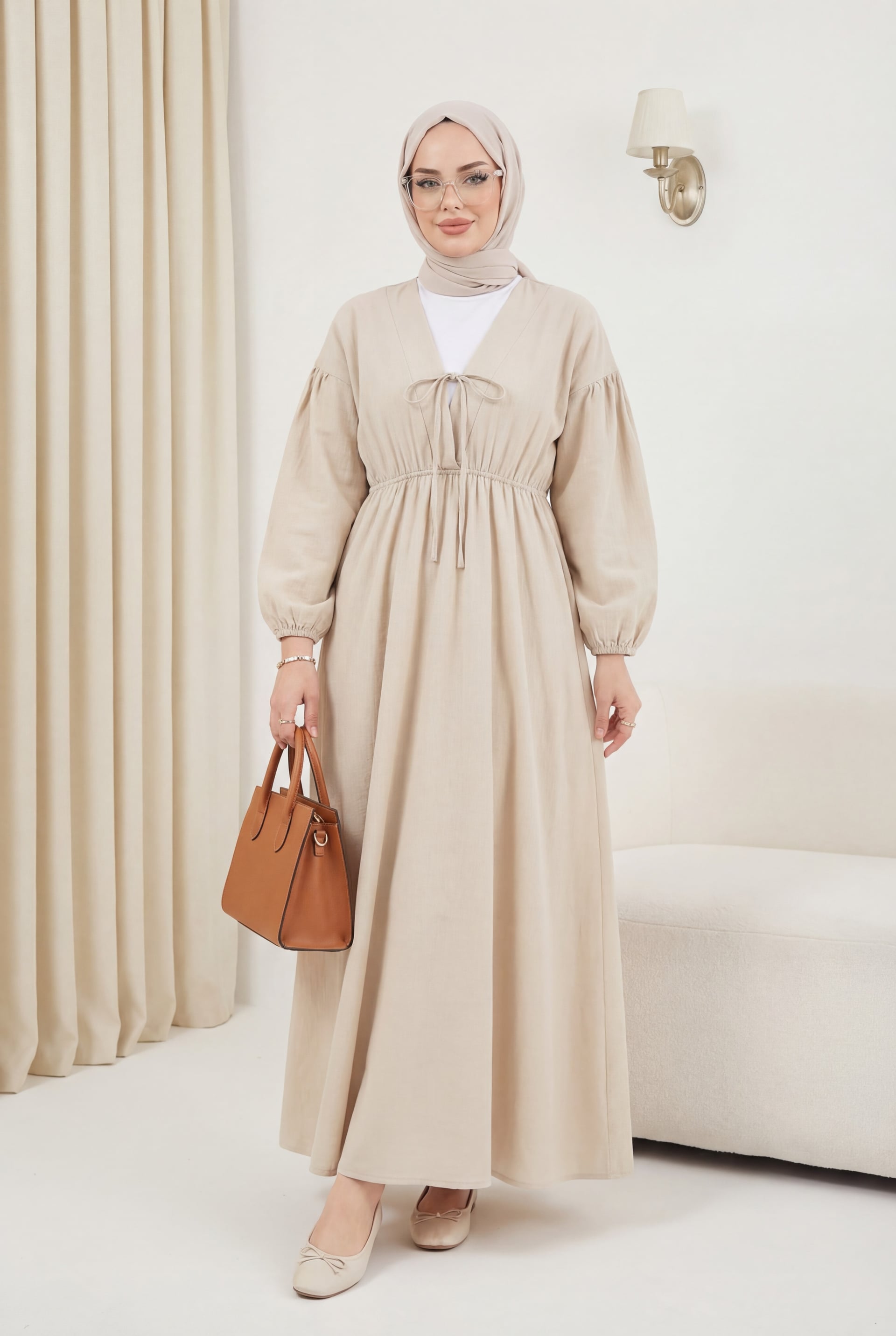 Drawstring V-Neck Muslin Dress with Elastic Cuffs and Waist - Stone - Podyumplus - by Peralane