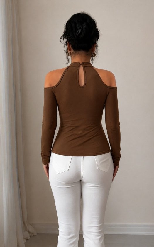 Women's Brown Long-Sleeved Cut-Out Peplum Knit Blouse - Janes - by Peralane - photo 3