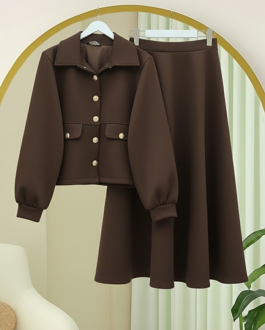 Pocket Detail Buttoned Scuba Suit Set with Skirt - Brown - Podyumplus - by Peralane - photo 5