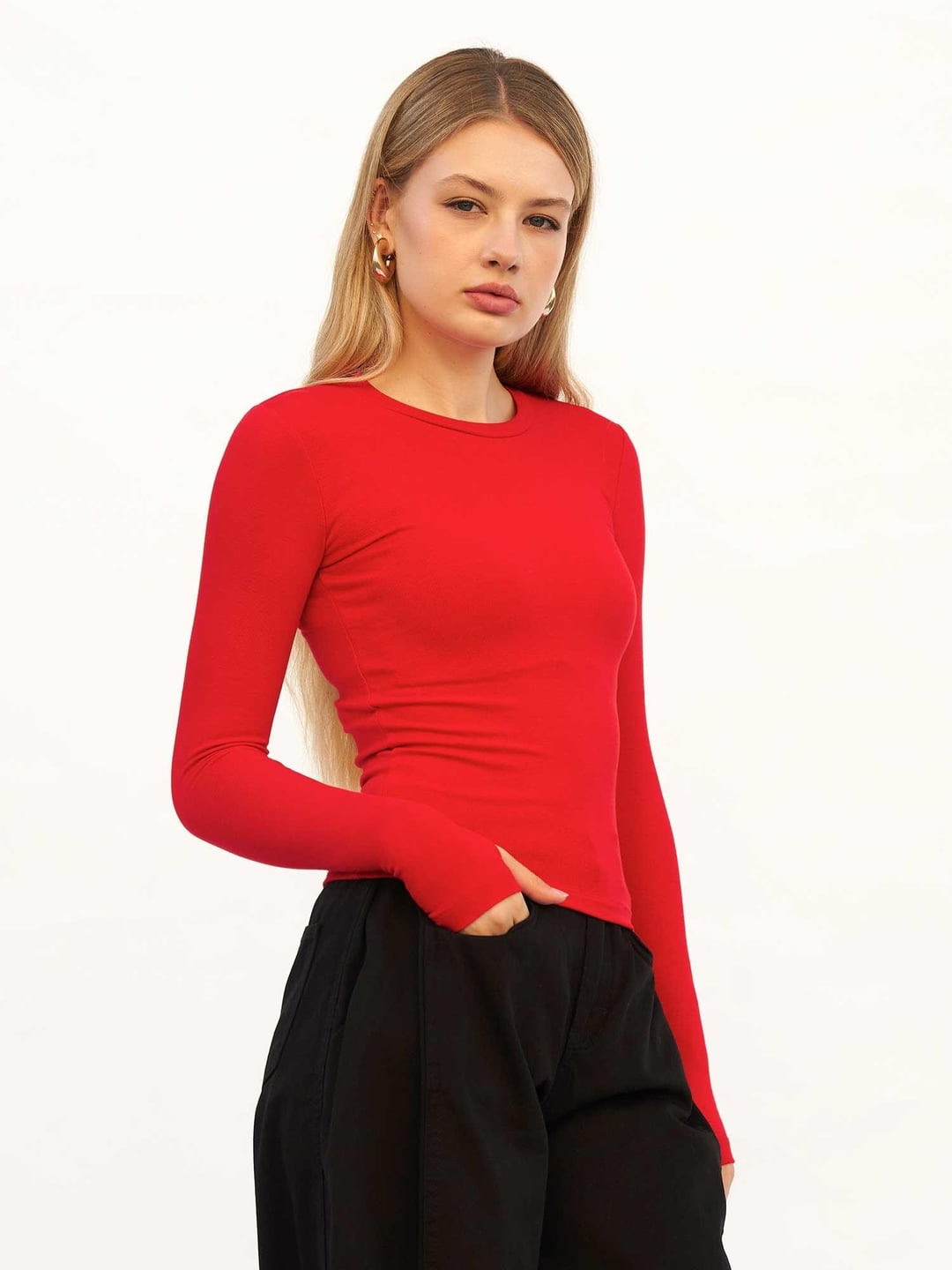 Women's Long-Sleeve Crew-Neck Ribbed T-Shirt with Thumbholes - Red - Lefon - by Peralane - photo 7