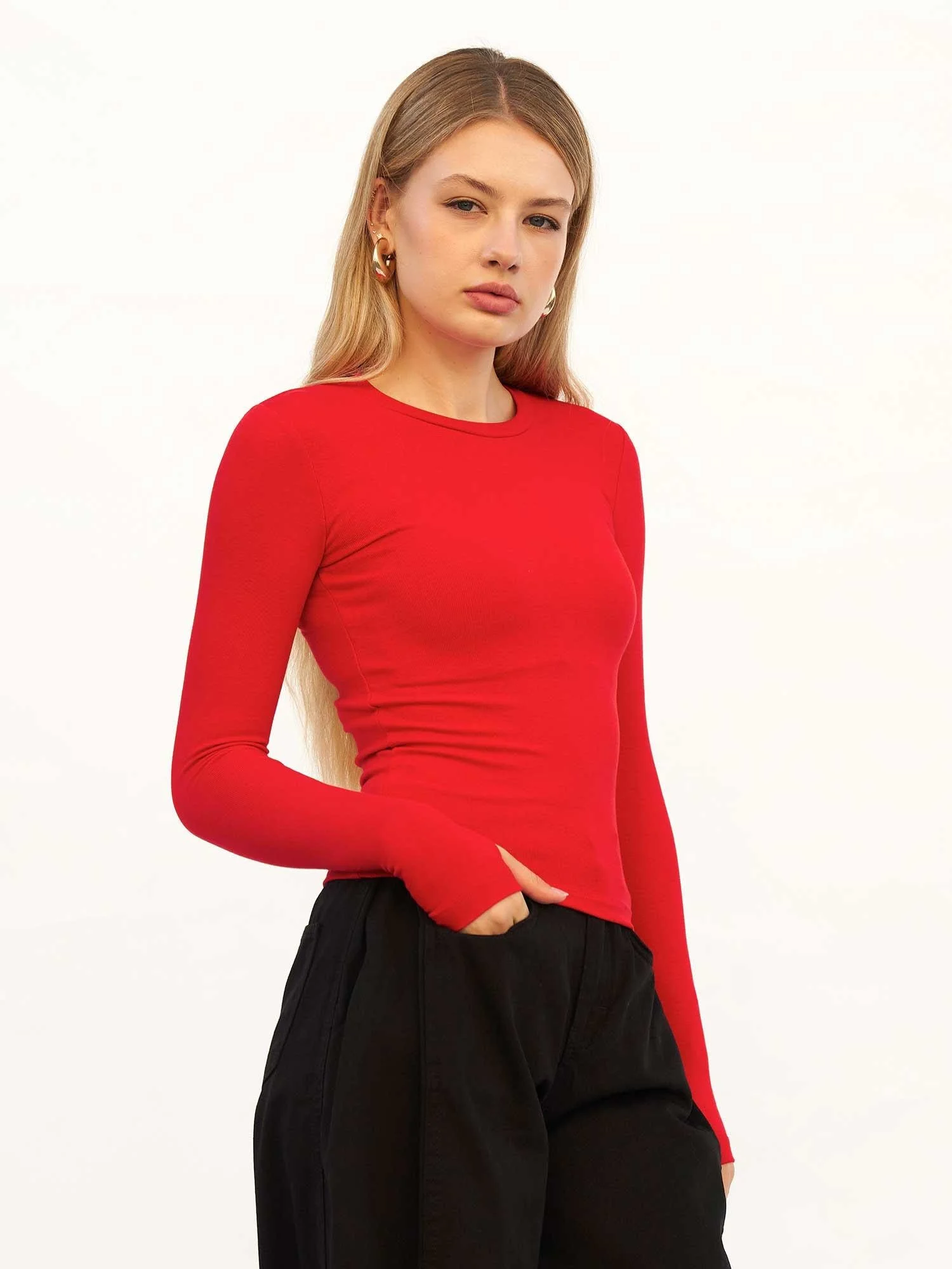 Women's Long-Sleeve Crew-Neck Ribbed T-Shirt with Thumbholes - Red - Lefon - by Peralane - photo 7