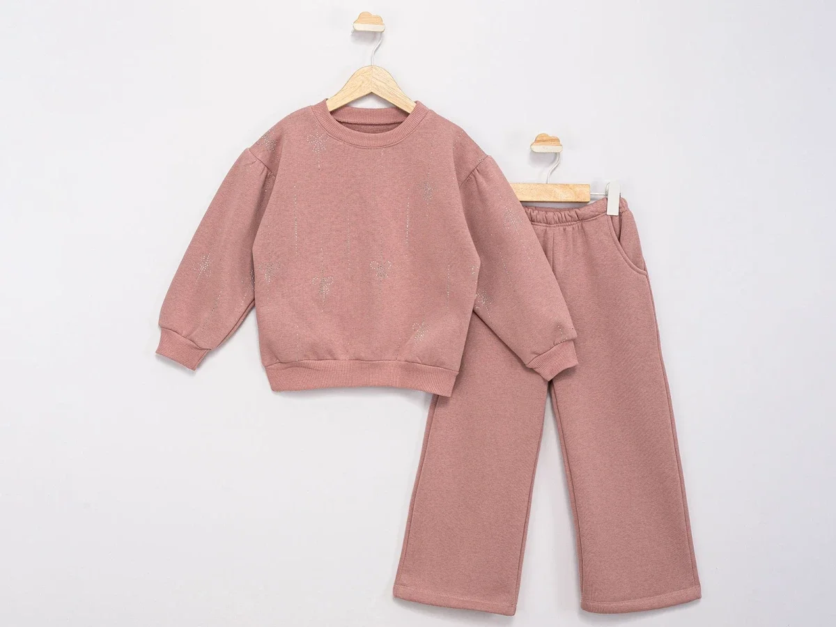 Girls' Sweatshirt and Trousers Set with Bow Sparkle Details - Dusty Rose - Feely Kids - by Peralane