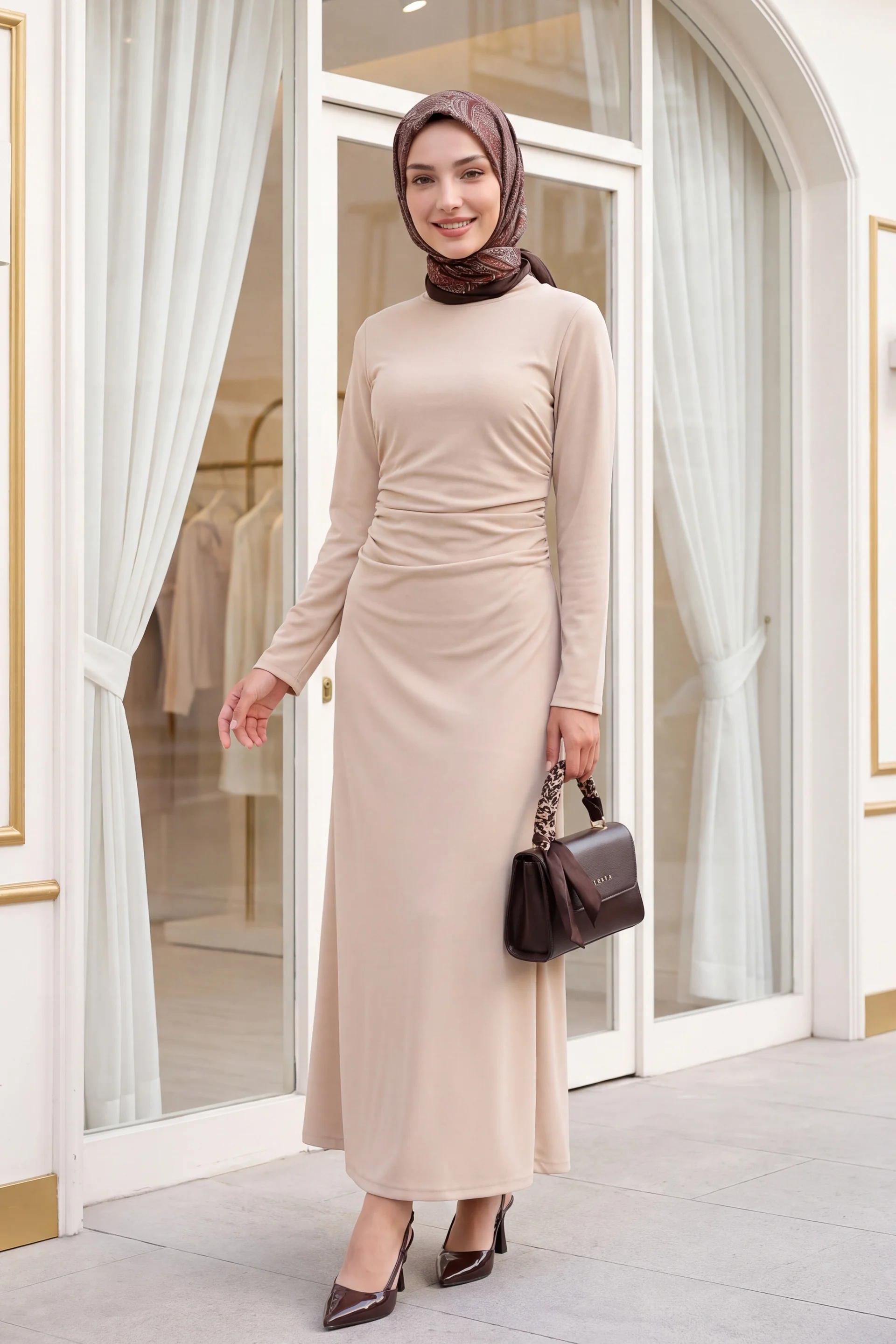 Beige Knit Crepe Ruched Waist Dress with Hijab Style - Podyumplus - by Peralane - photo 3