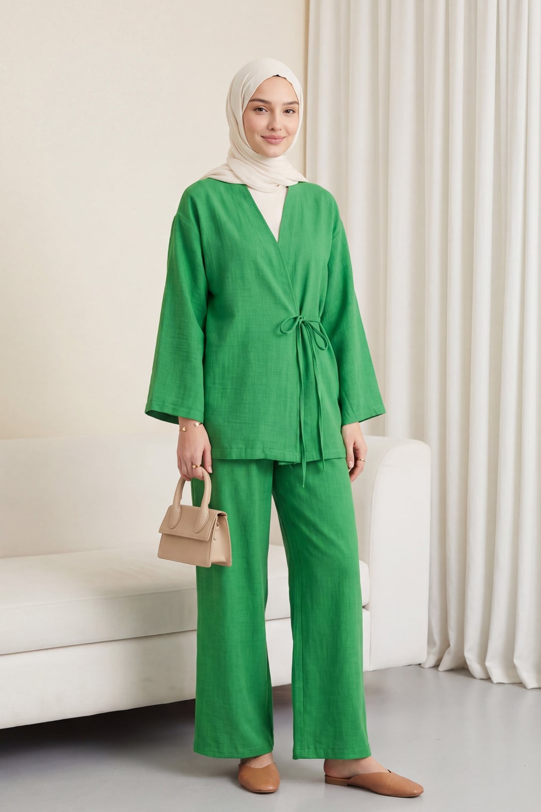 Green Kimono and Wide-Leg Trouser Set with Tie Front - Podyumplus - by Peralane - photo 6