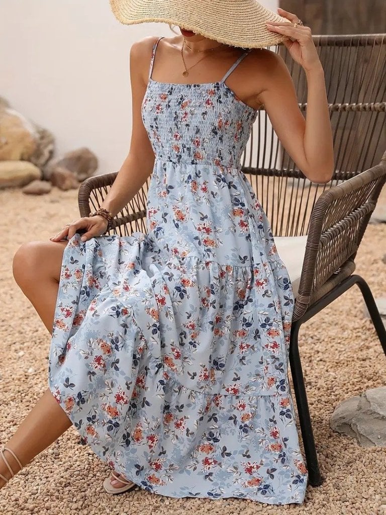 Women's Spaghetti Strap V-Neck Floral Midi Dress - Janes - by Peralane
