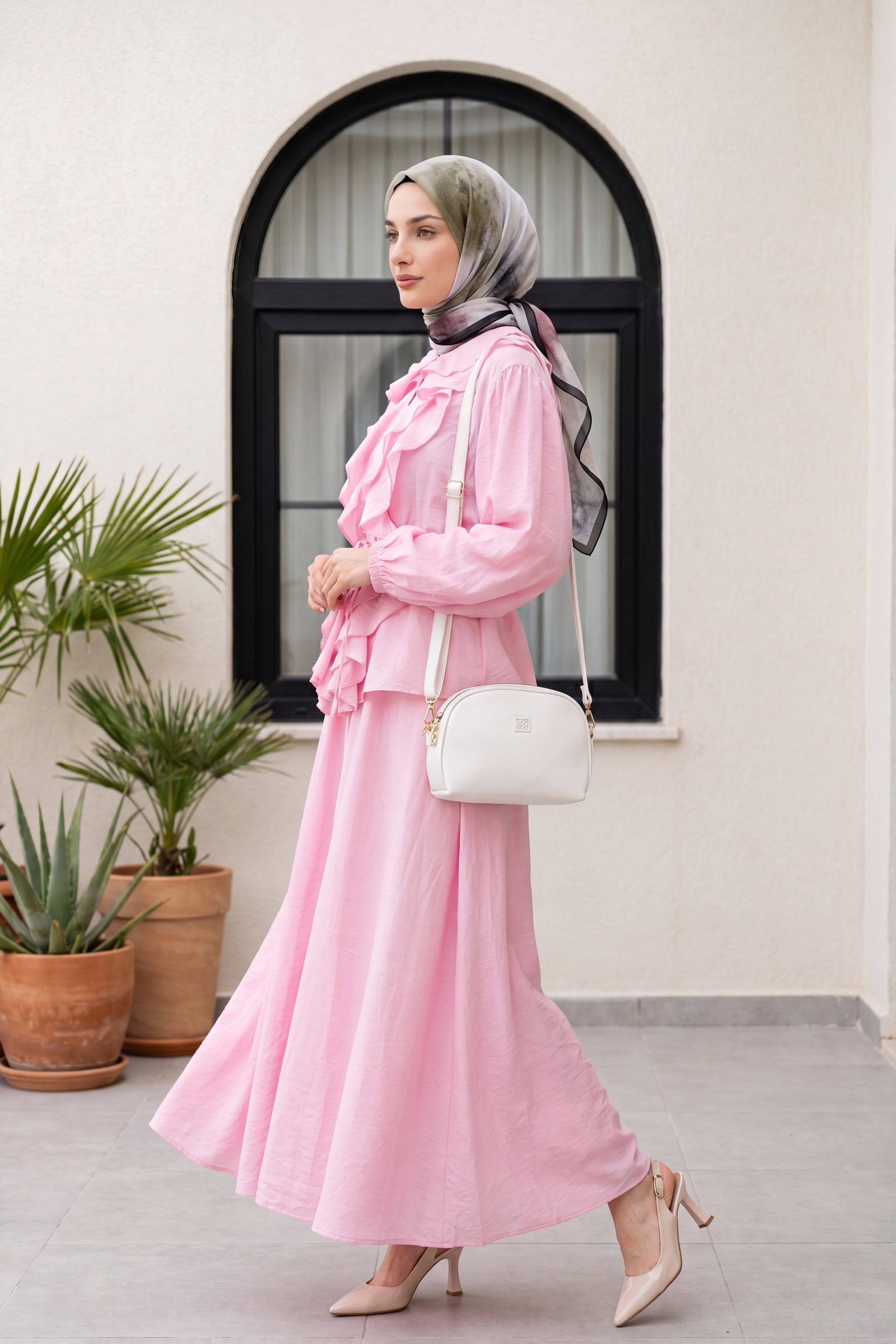 Women's Pink Ruffled Front Tie Waist Skirt Set with Blouse - Podyumplus - by Peralane - photo 3
