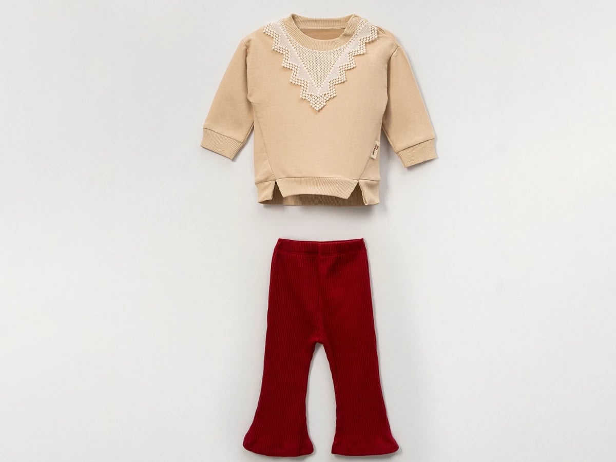 Lace Detail Baby Girl Set - Beige Top with Red Flared Trousers - Vovido - by Peralane