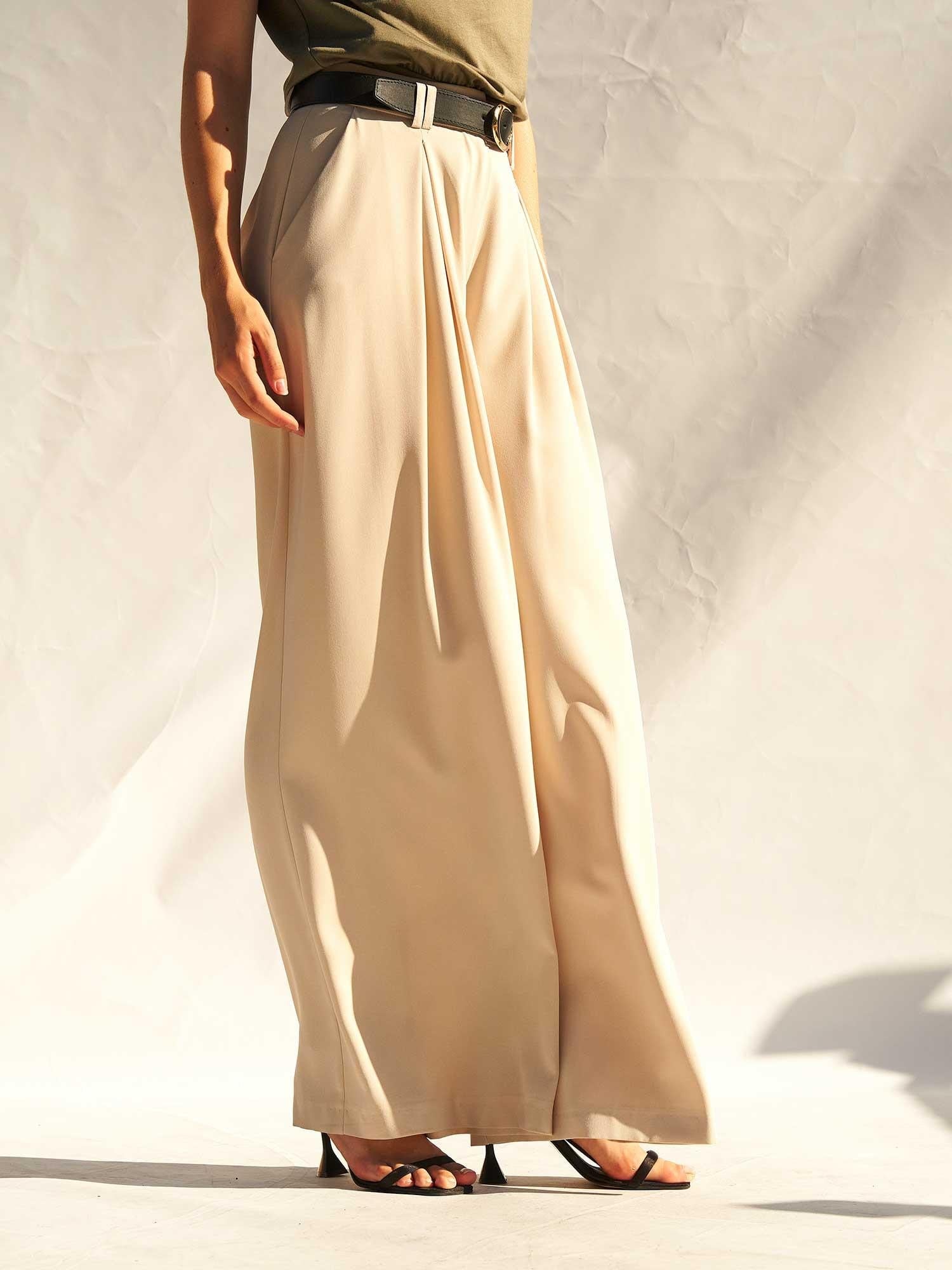 Belted High-Waist Pleated Palazzo Trousers with Matching Sleeveless Top - Stone/Beige - Lefon - by Peralane - photo 8