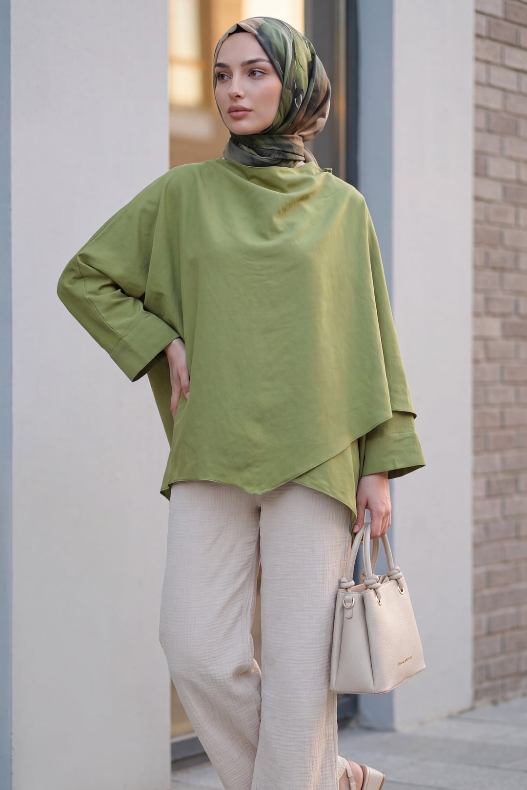 Shoulder Button Batwing Sleeve Modal Kimono Poncho - Olive Green - Podyumplus - by Peralane - photo 4