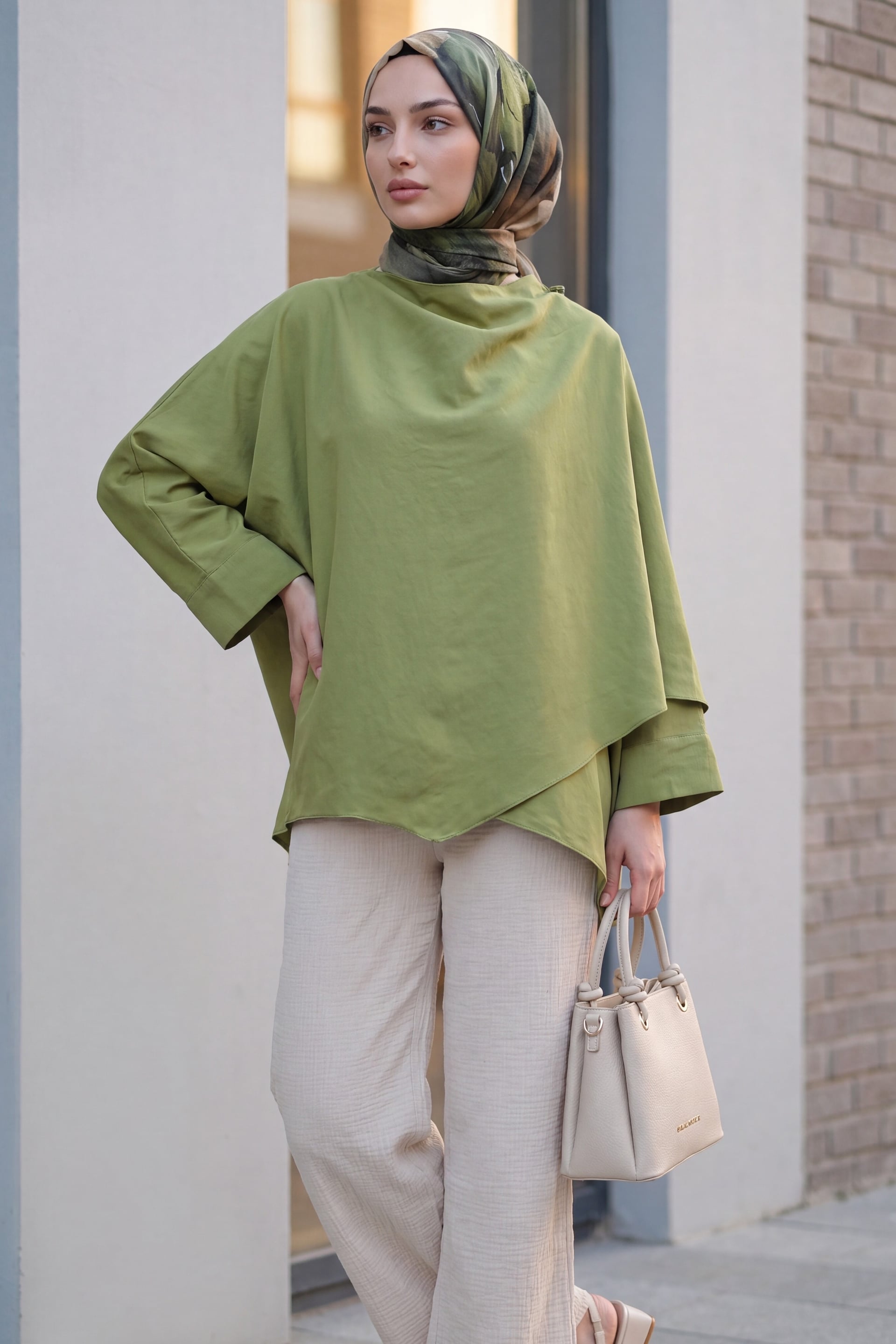 Shoulder Button Batwing Sleeve Modal Kimono Poncho - Olive Green - Podyumplus - by Peralane - photo 4