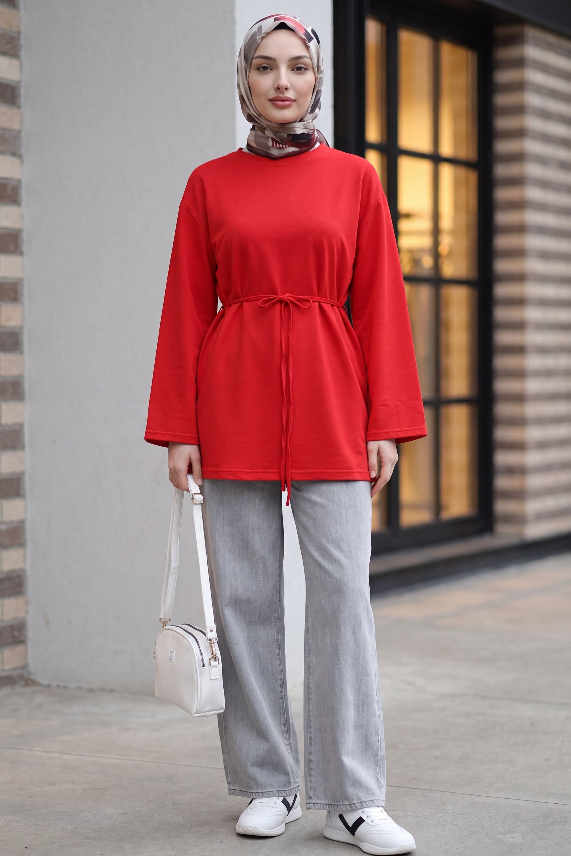 Round Neck Tie Waist Knit Tunic - Red - Podyumplus - by Peralane - photo 6