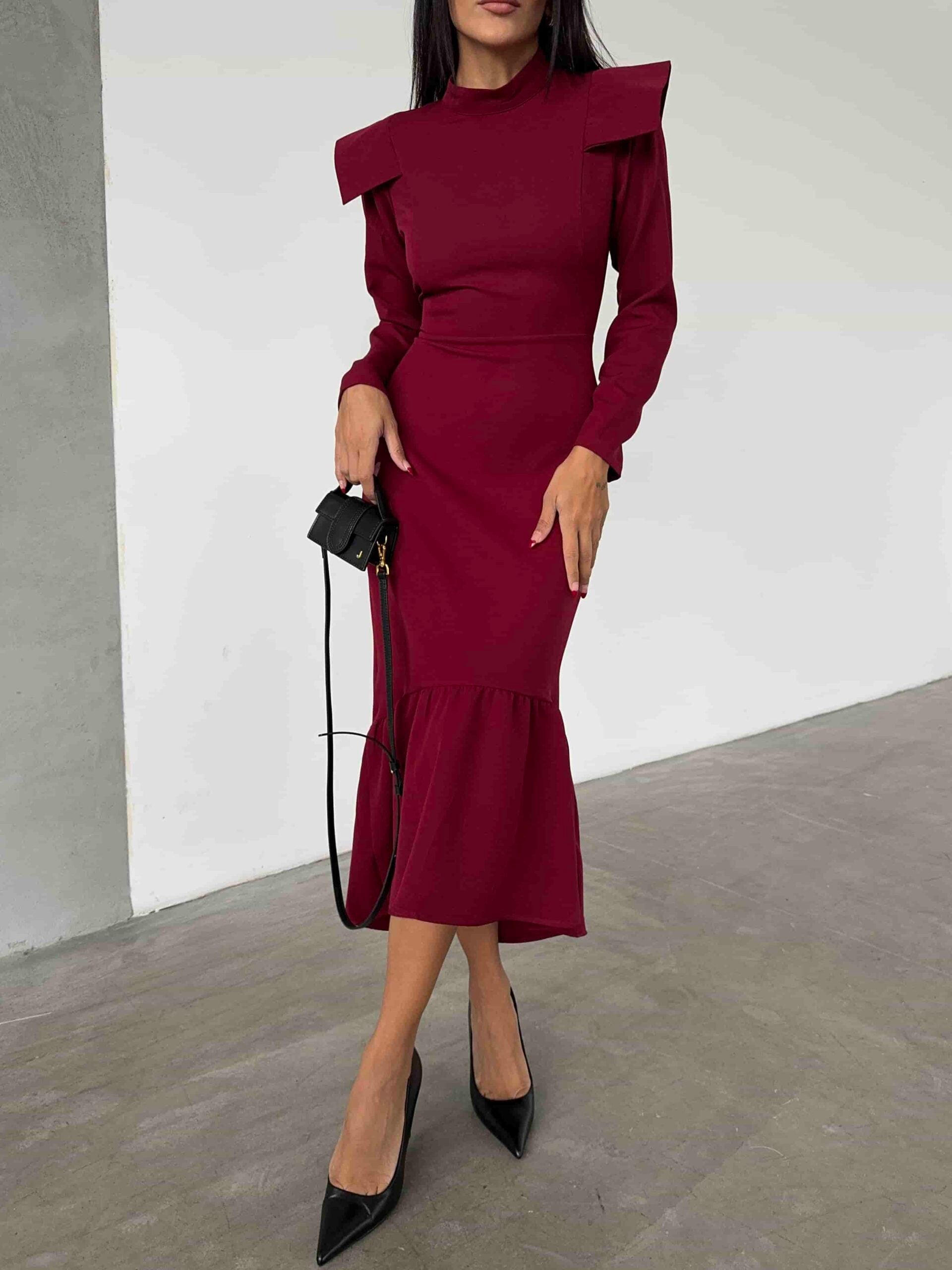 Maroon Long-Sleeve Knit Dress with Ruffled Hem - My Bee - by Peralane - photo 4