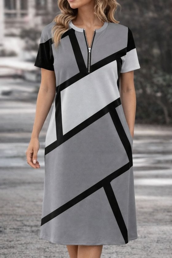 Women's Short Sleeve Zip-Neck Patterned Short Suprem Dress - Janes - by Peralane