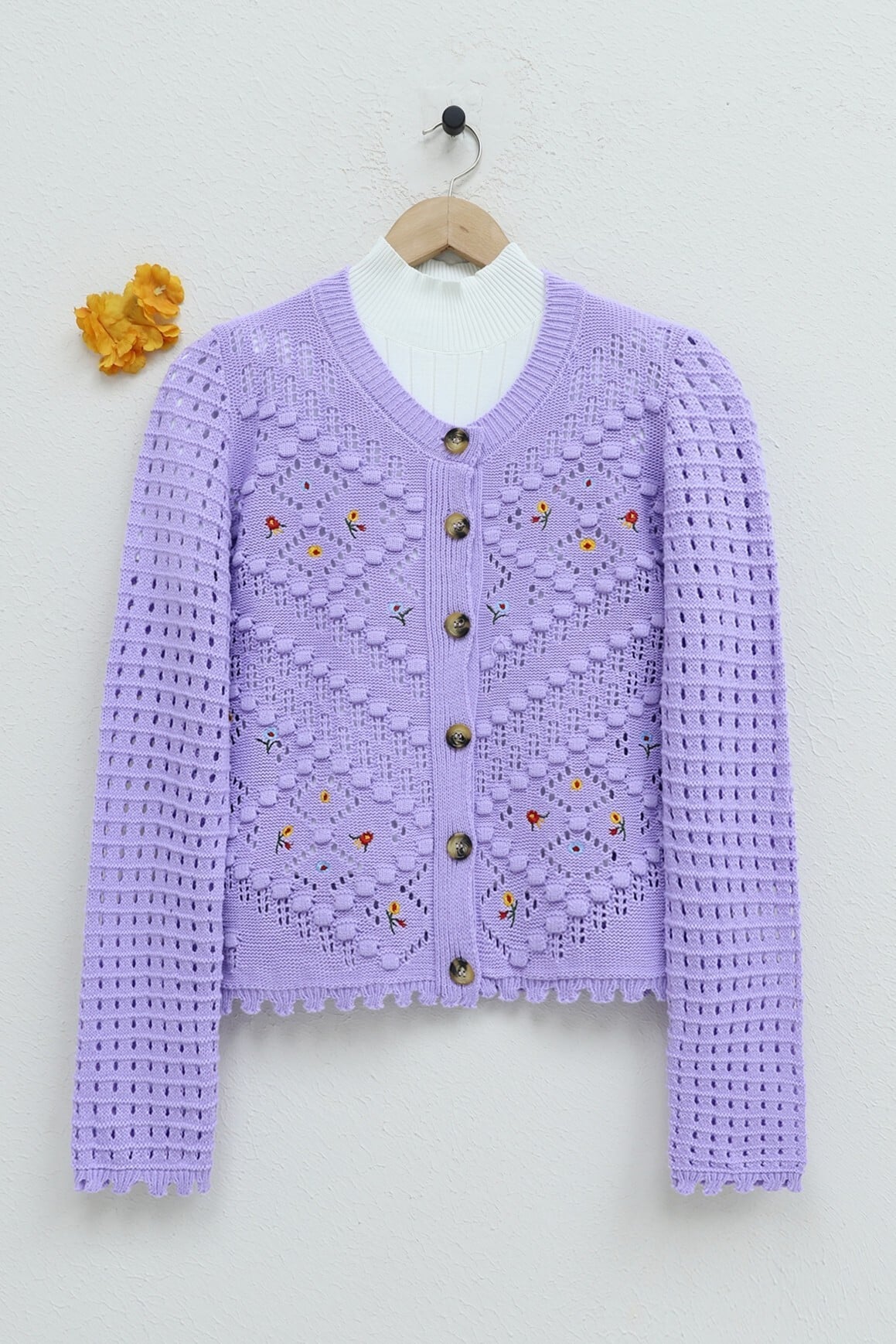 Lavender Embroidered Cardigan with Pom-Pom Details - Podyumplus - by Peralane