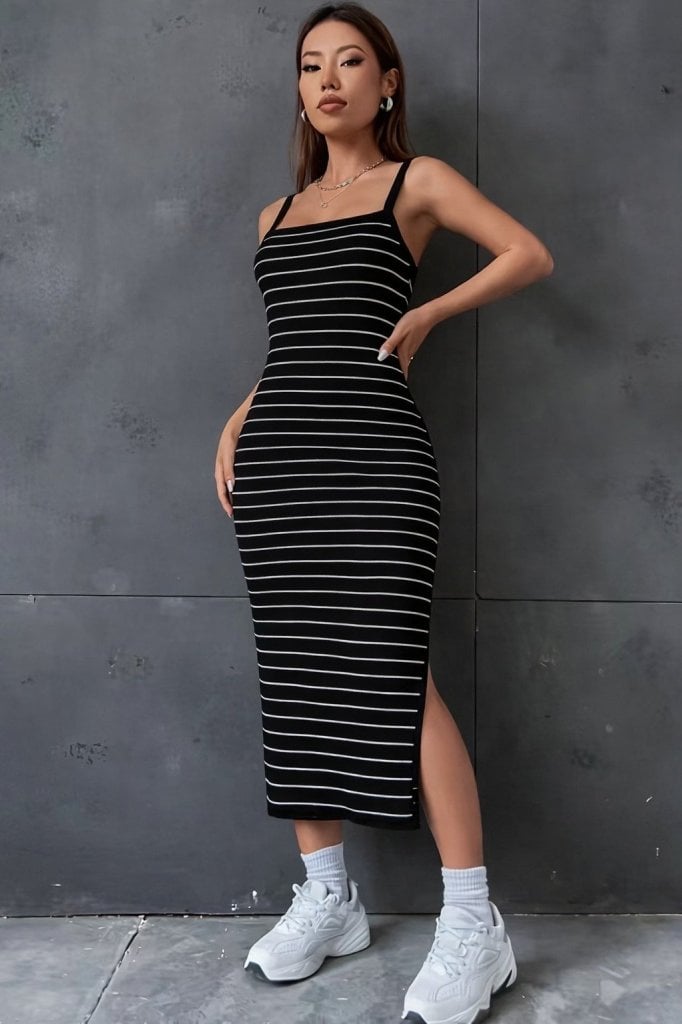 Women's Black and White Striped Spaghetti Strap Midi Dress with Side Slit - Janes - by Peralane - photo 5