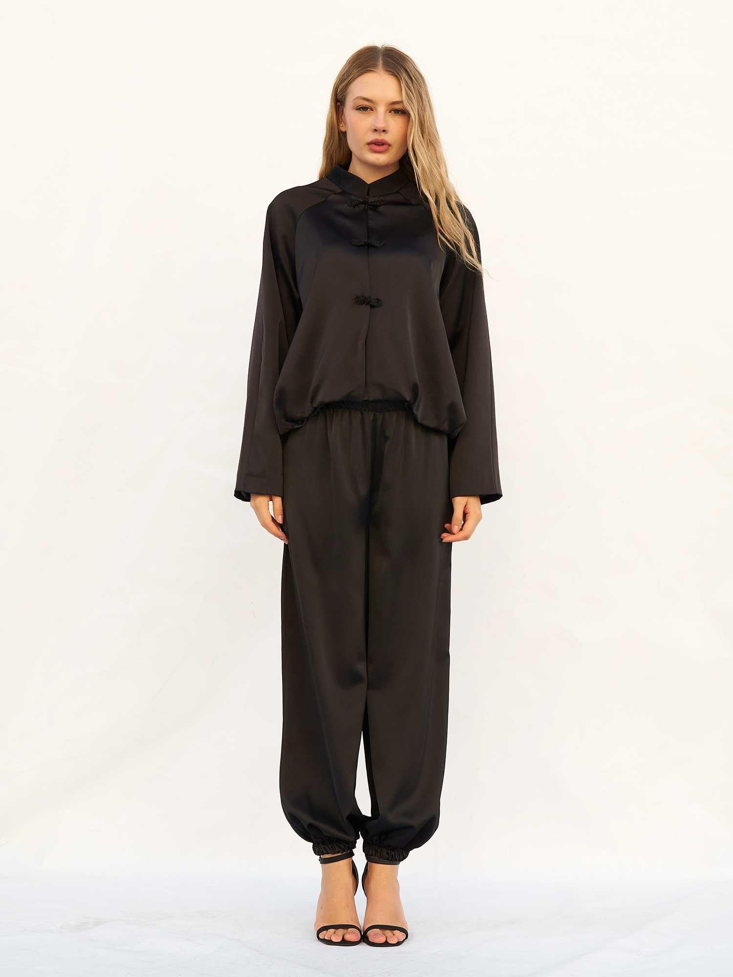 Black Satin Loungewear Set with Mandarin Collar Top and Elasticated Trousers - Lefon - by Peralane
