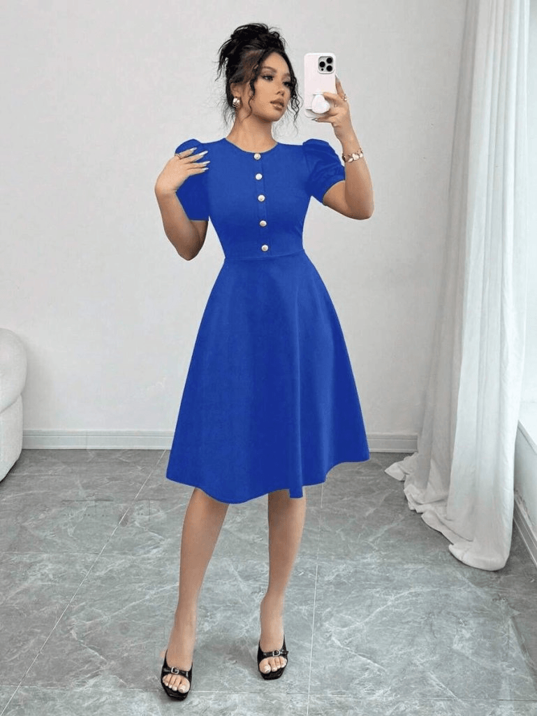 Women's Royal Blue Crepe Dress with Short Puff Sleeves and Front Buttons - Janes - by Peralane - photo 2