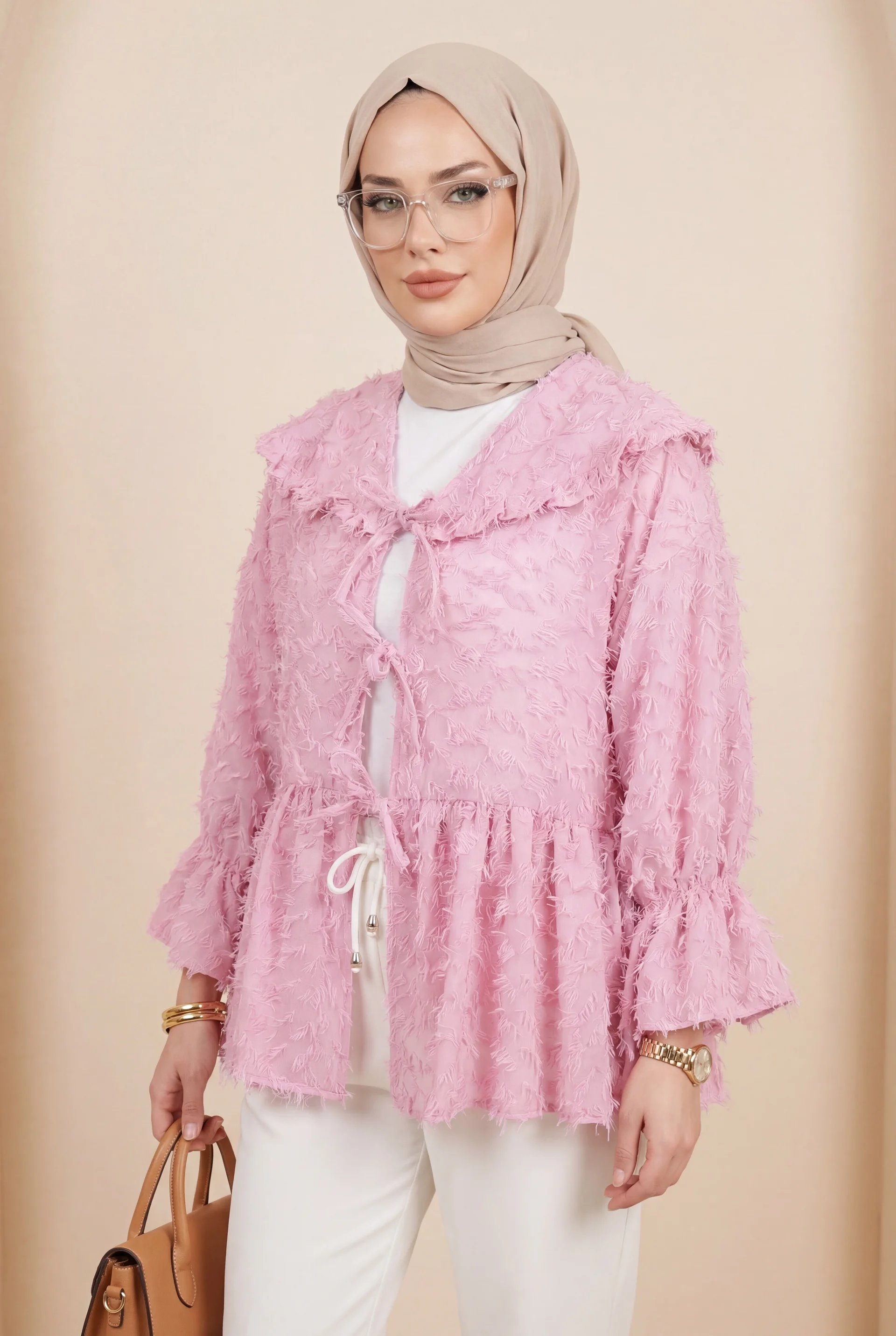 Pink Lace-Up Textured Clip Jacquard Kimono - Podyumplus - by Peralane - photo 3