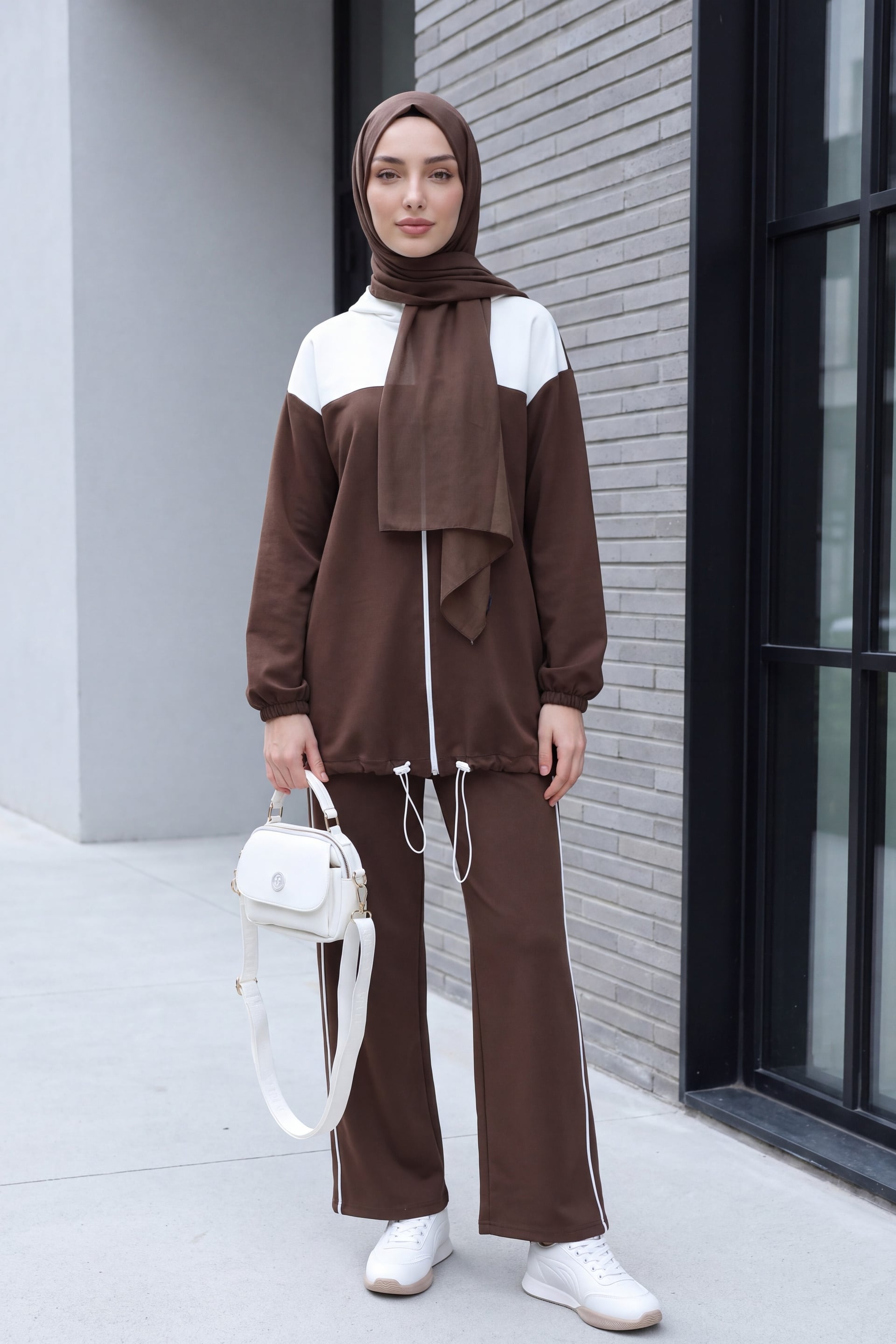 Zip-Front Ribbed Knit Tracksuit Set with Elastic Cuffs and Hem - Brown - Podyumplus - by Peralane - photo 4