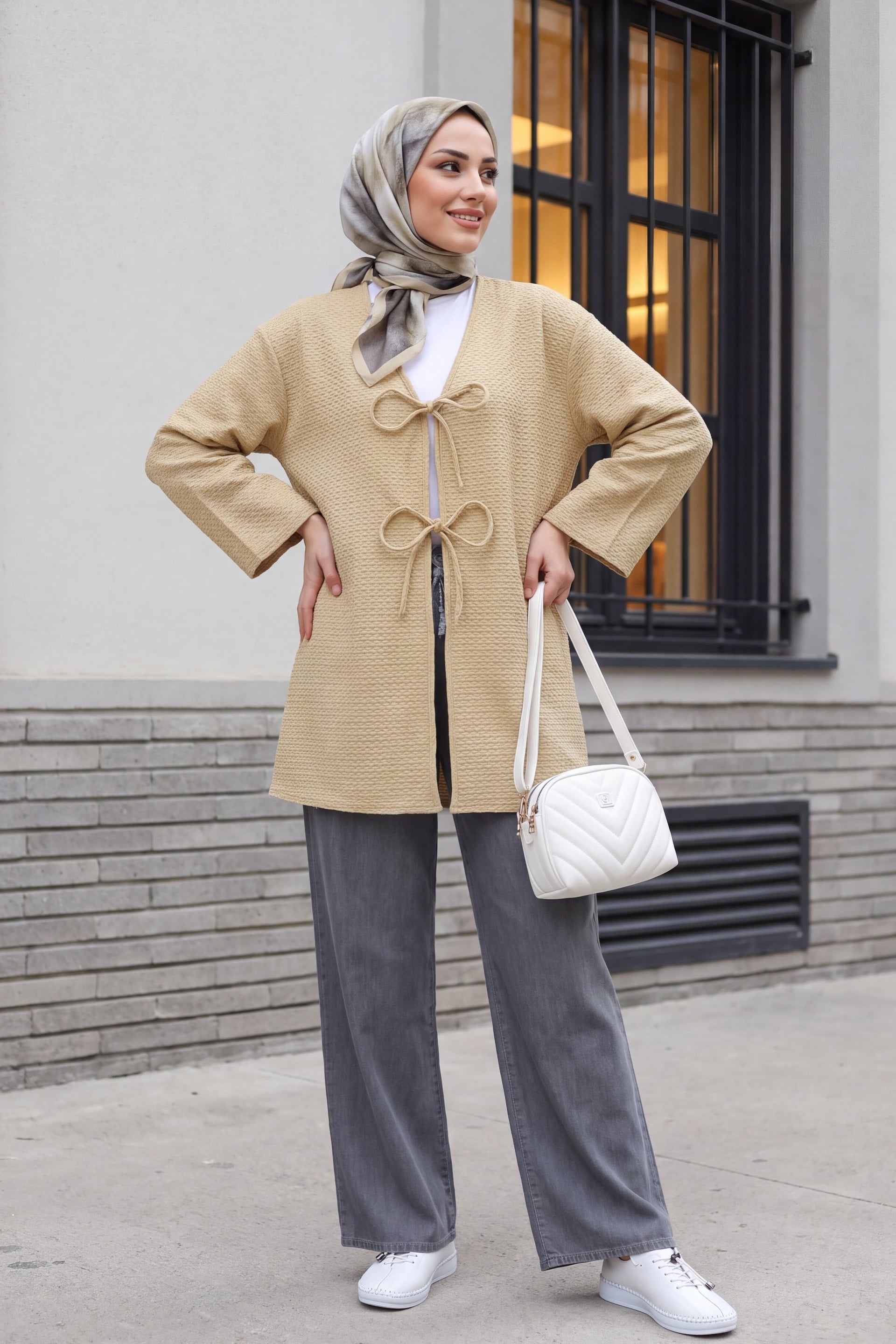 Double Tie-Front Honeycomb Pattern Kimono Cardigan - Mustard Yellow - Podyumplus - by Peralane - photo 5