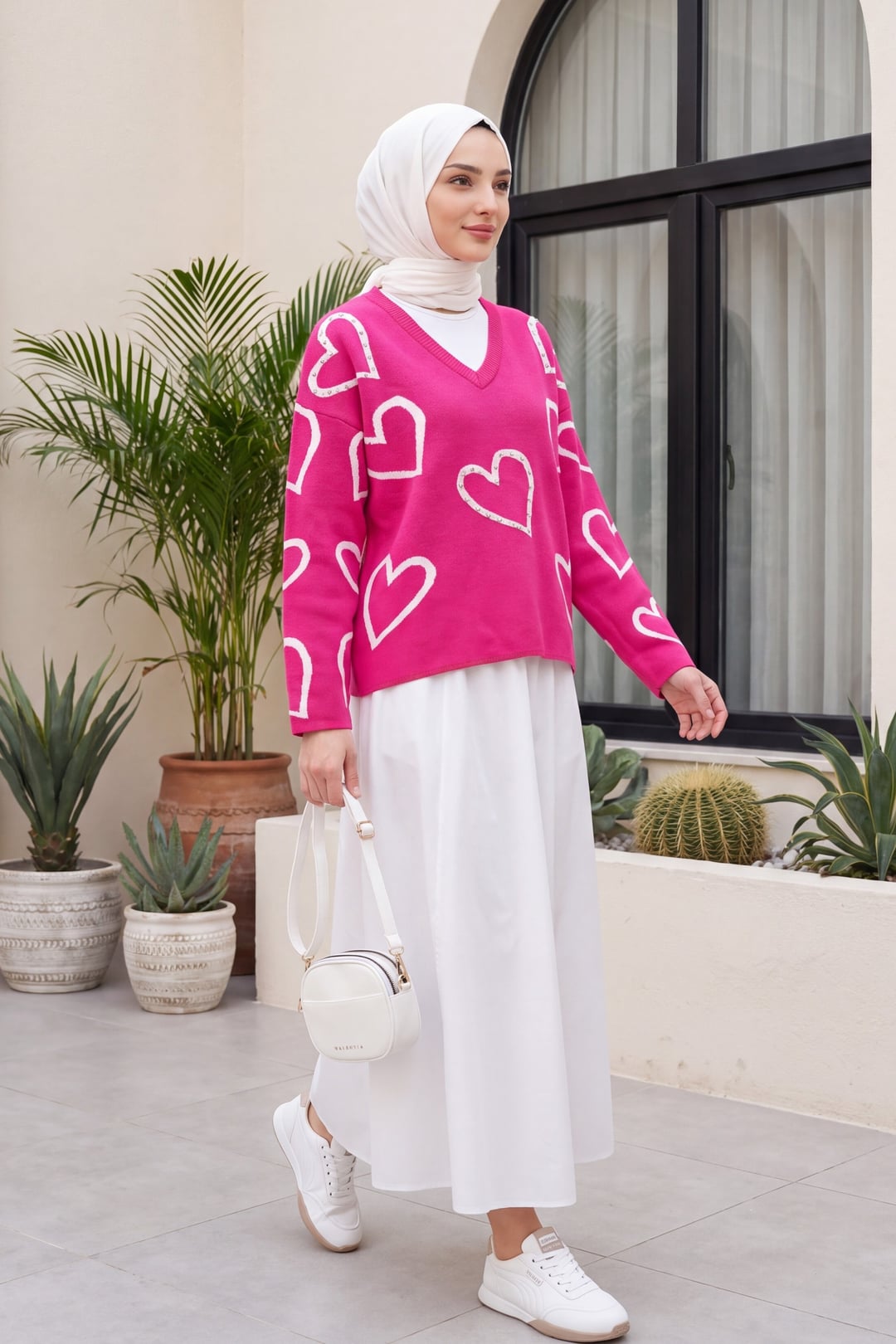 V-Neck Beaded Heart Pattern Knit Sweater - Fuchsia - Podyumplus - by Peralane - photo 3