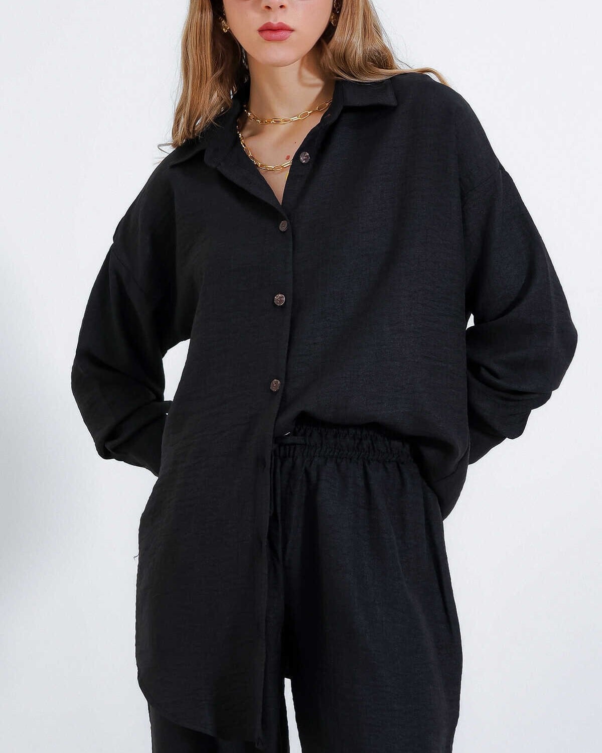 Women's Black Linen Two-Piece Lounge Set with Shirt and Trousers - Bigdart - by Peralane - photo 4