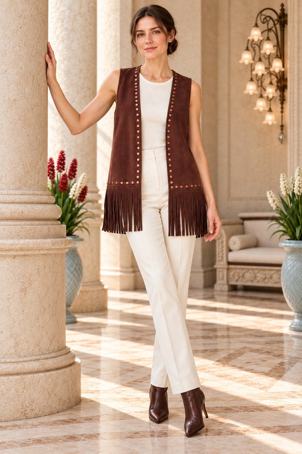 Fringed Suede Vest with Stud Detailing - Brown - Xlove - by Peralane - photo 4