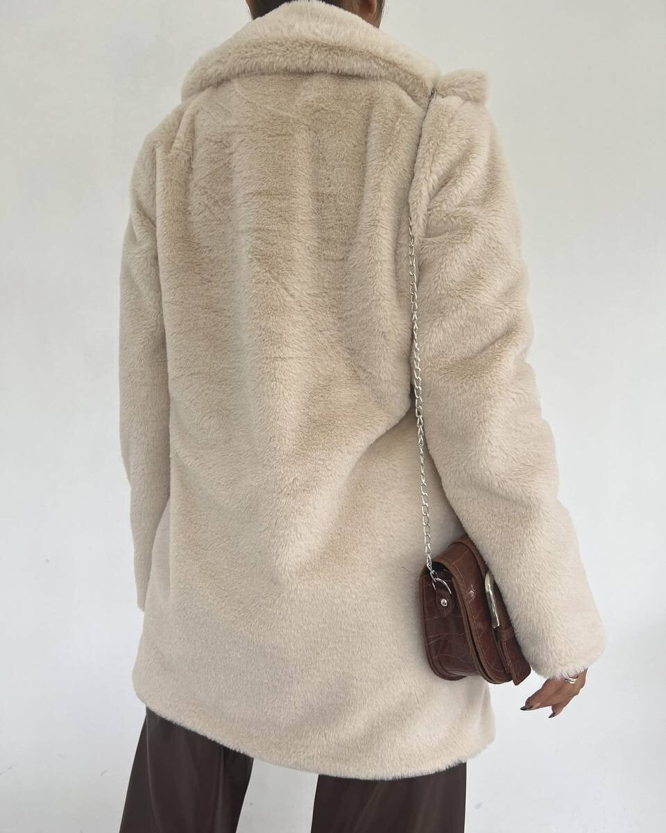Stone-Coloured Faux Fur Jacket with Lining and Pockets - Podyumplus - by Peralane - photo 3