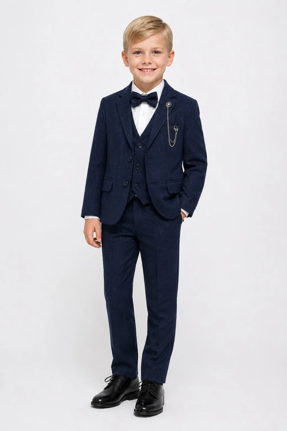 Boys' Navy Blue 4-Piece Suit Set with Jacket, Waistcoat, and Trousers - Terry - by Peralane