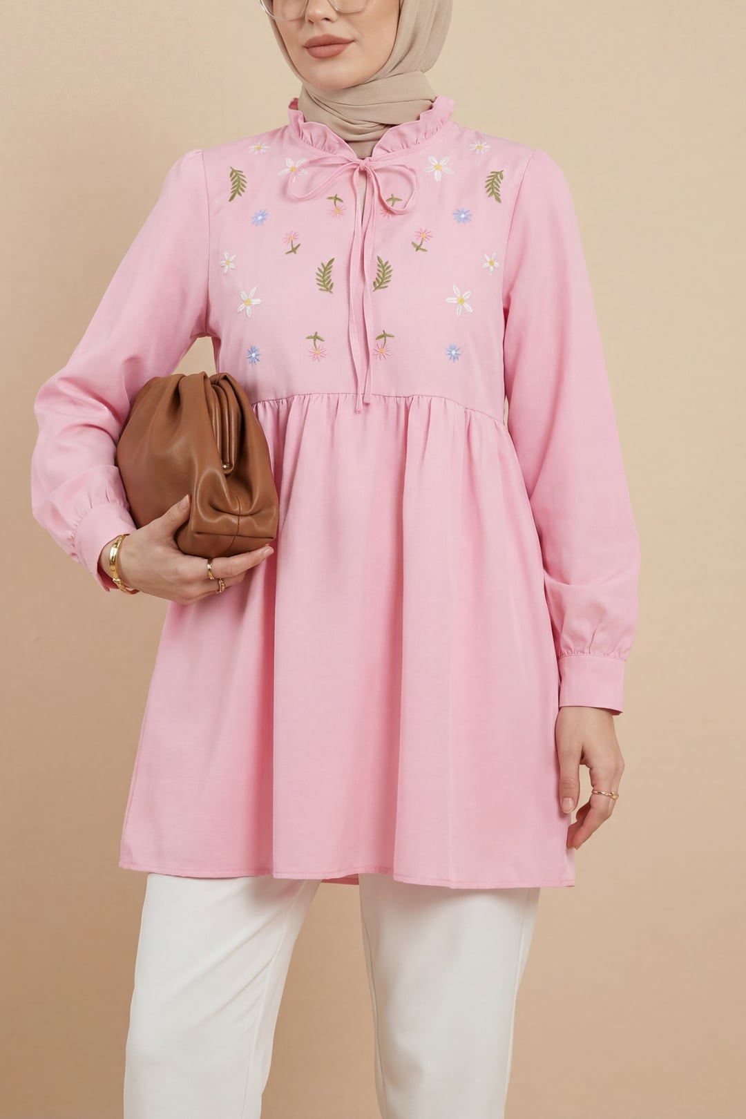 Pink V-Neck Tie Front Ruffled Floral Embroidered Poplin Tunic - Podyumplus - by Peralane - photo 5