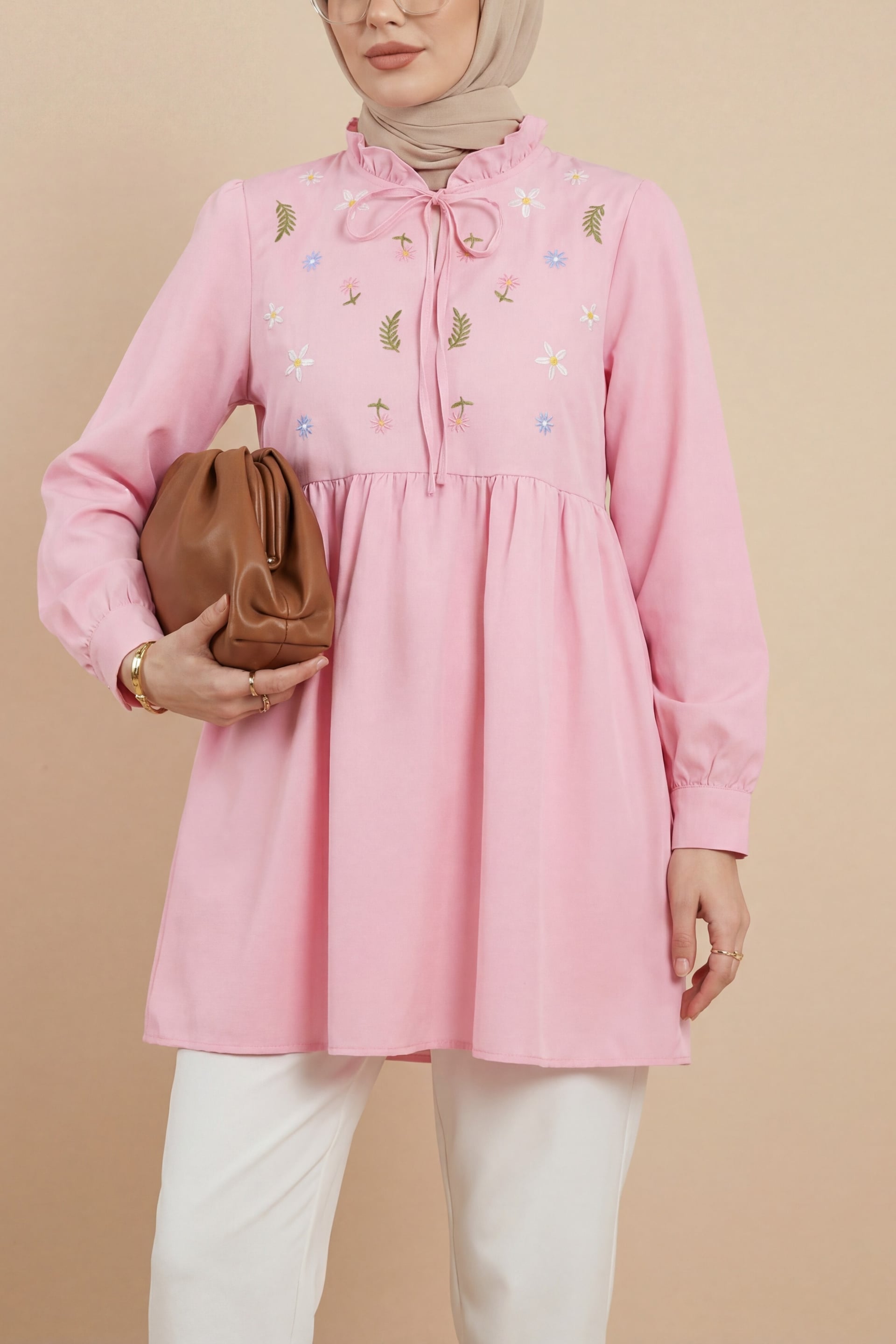 Pink V-Neck Tie Front Ruffled Floral Embroidered Poplin Tunic - Podyumplus - by Peralane - photo 5