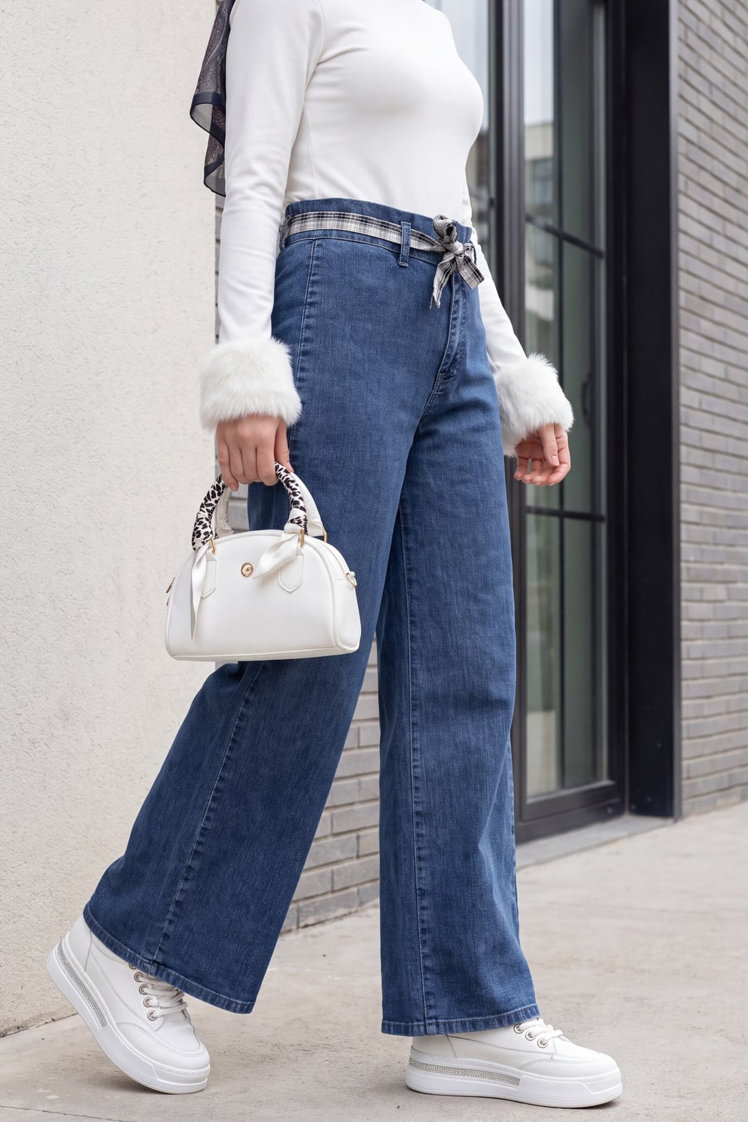 Wide-Leg Belted Zip-Front Denim Jeans - Dark Blue - Podyumplus - by Peralane - photo 2