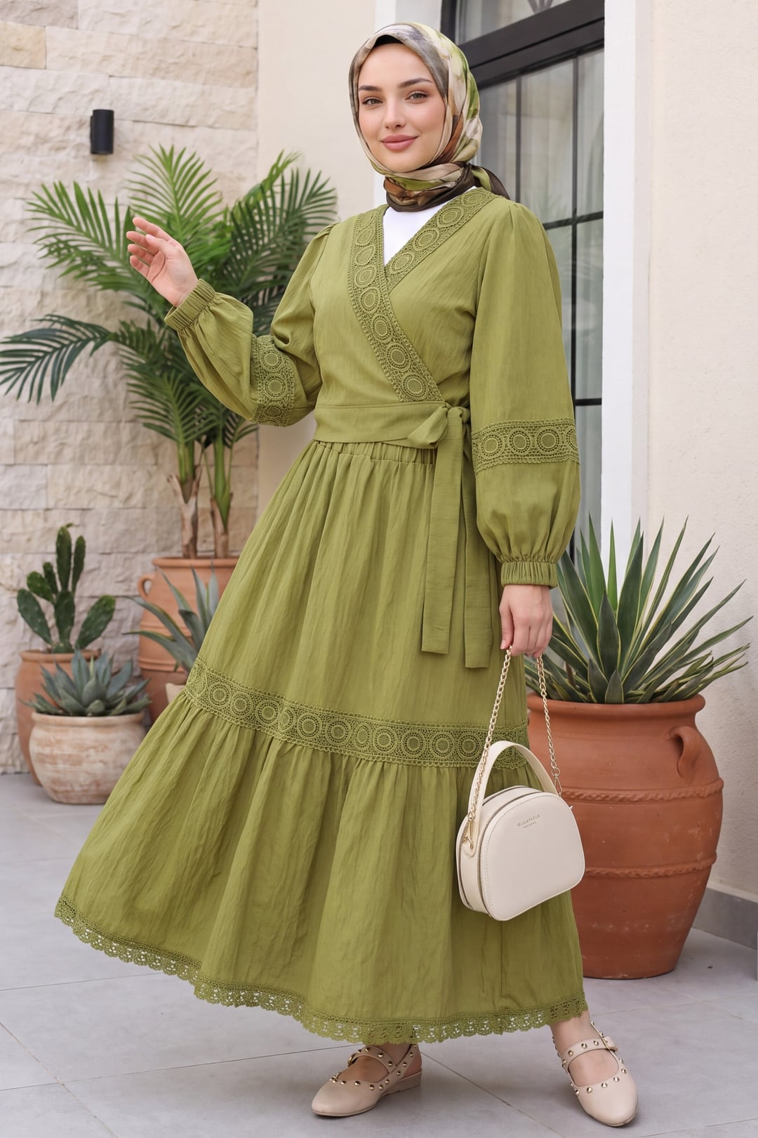 Women's Crochet Lace Trim Tie-Front Blouse and Tiered Skirt Set in Olive Green - Podyumplus - by Peralane - photo 2