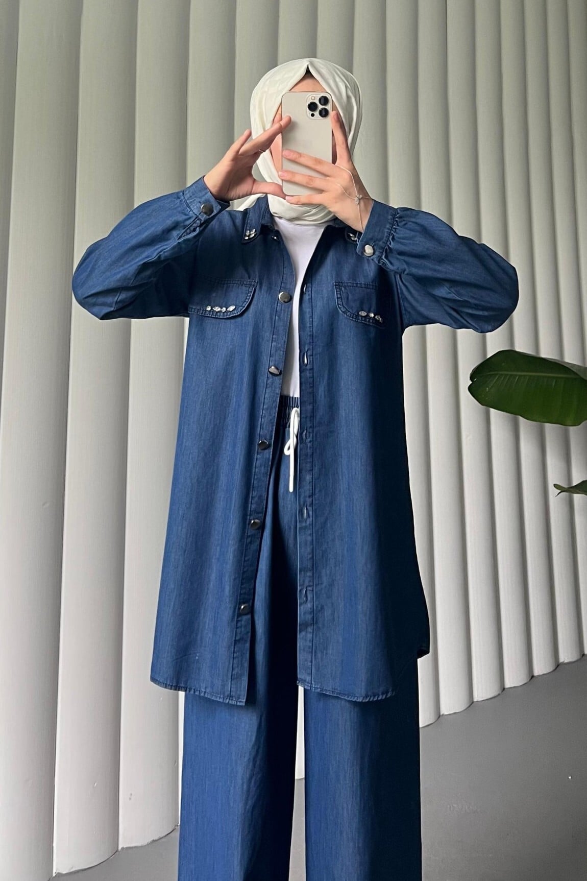 Buttoned Pocket Detail Wide Leg Denim Co-ord Set - Indigo - Podyumplus - by Peralane - photo 7