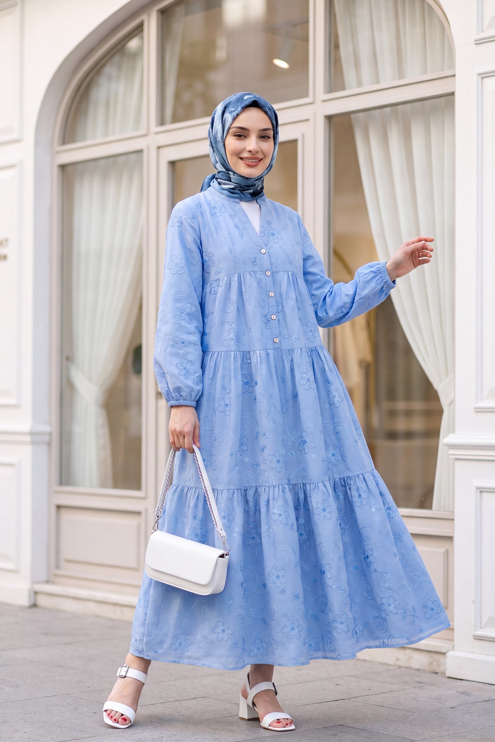 Light Blue Embroidered Floral Midi Dress with Tiered Skirt - Podyumplus - by Peralane - photo 5