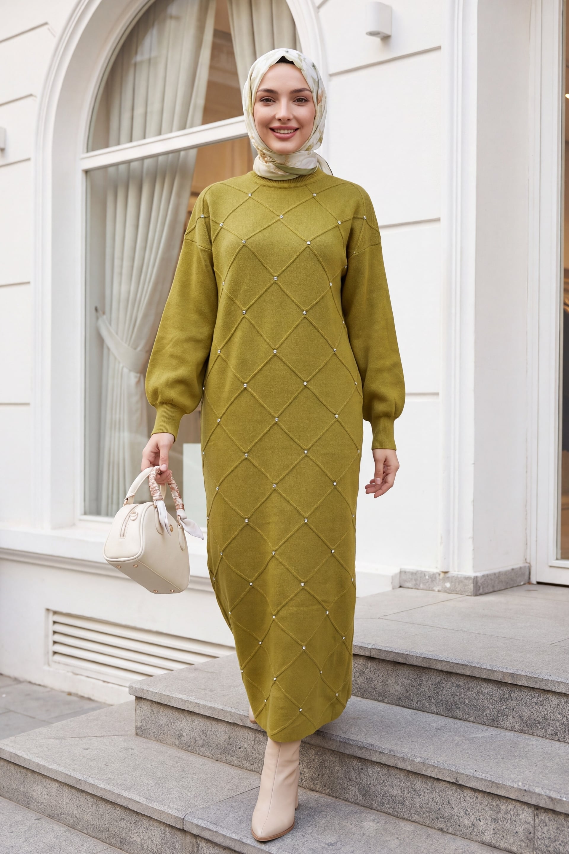 Stone Detail Check Pattern Balloon Sleeve Knit Dress - Olive Green - Podyumplus - by Peralane - photo 4