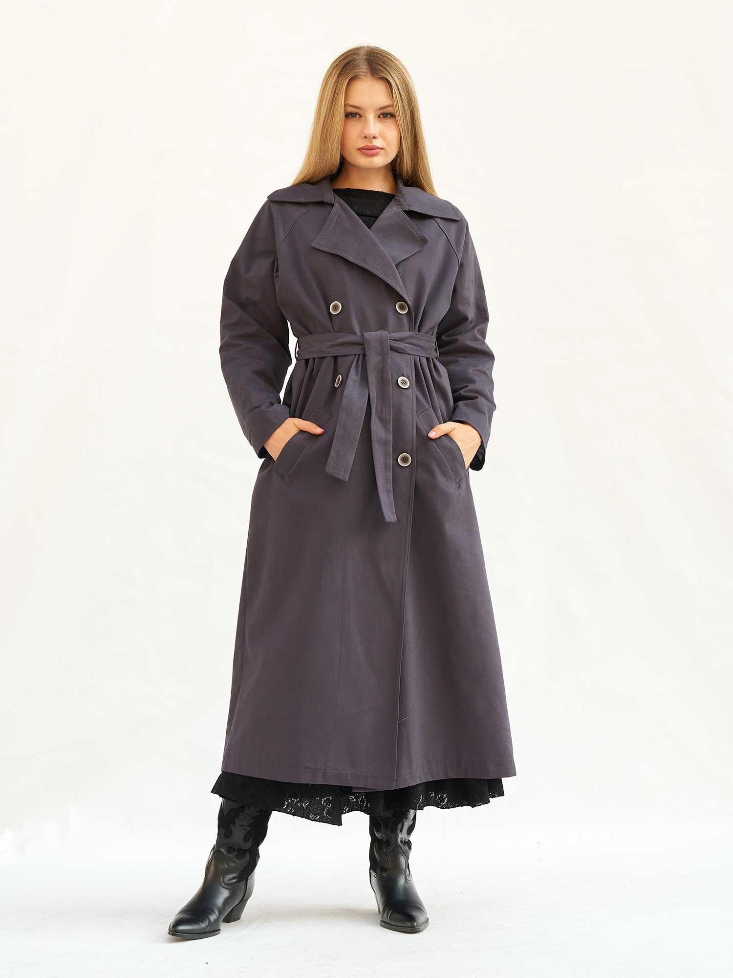 Belted Double-Breasted Long Trench Coat in Dark Grey - Lefon - by Peralane