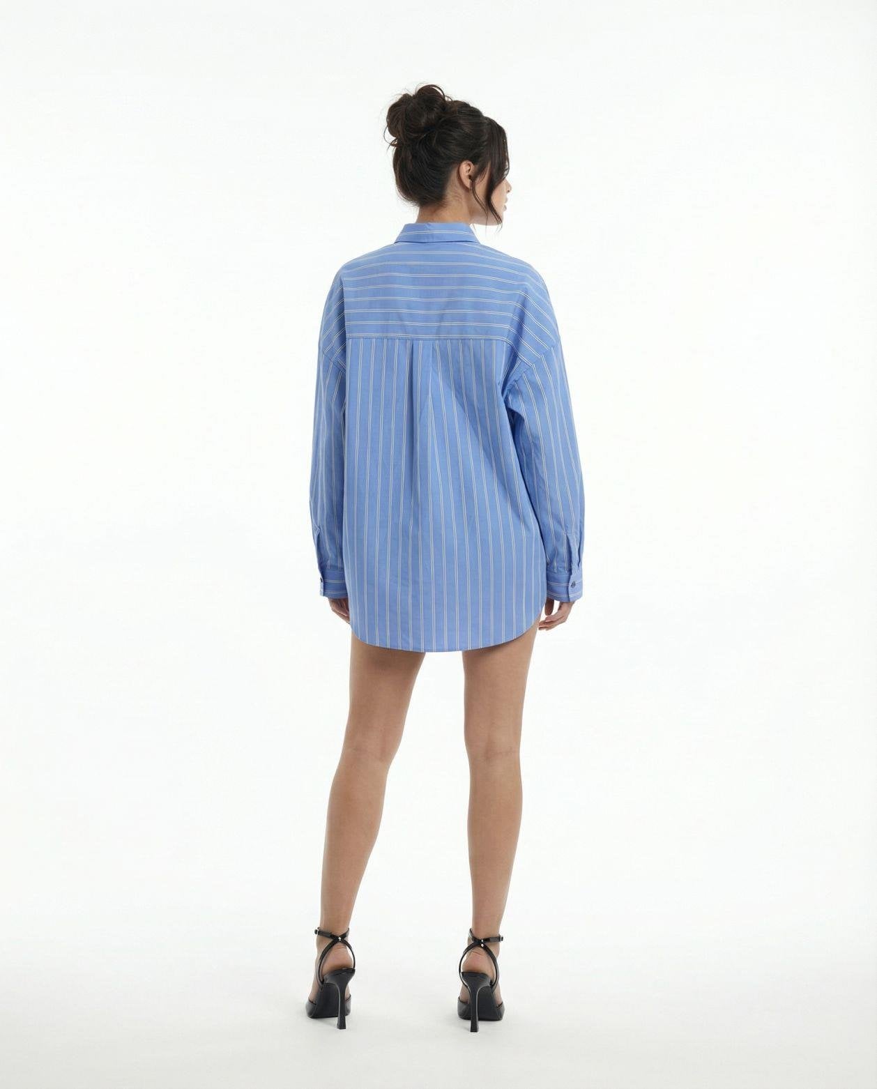 Women's Striped Button-Up Blouse with Sleeveless Denim Shorts Set - Fame - by Peralane - photo 2