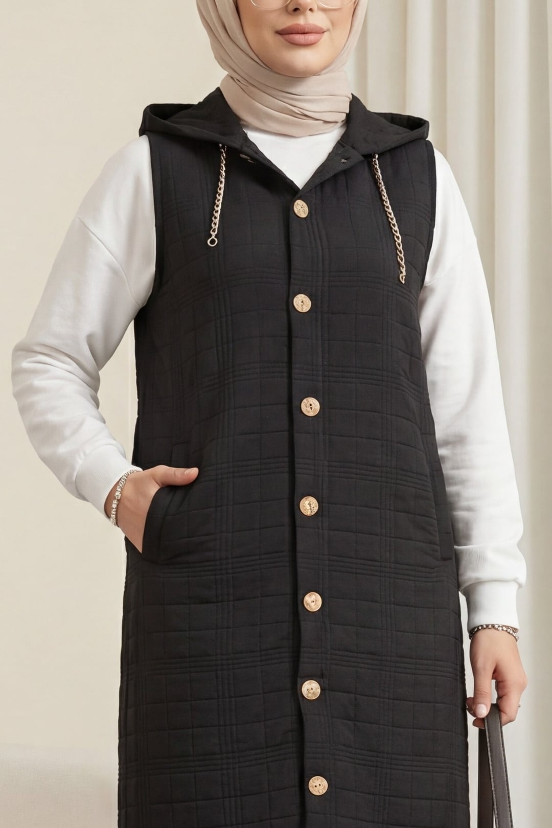 Black Quilted Hooded Chain Detail Button Front Vest - Podyumplus - by Peralane - photo 2