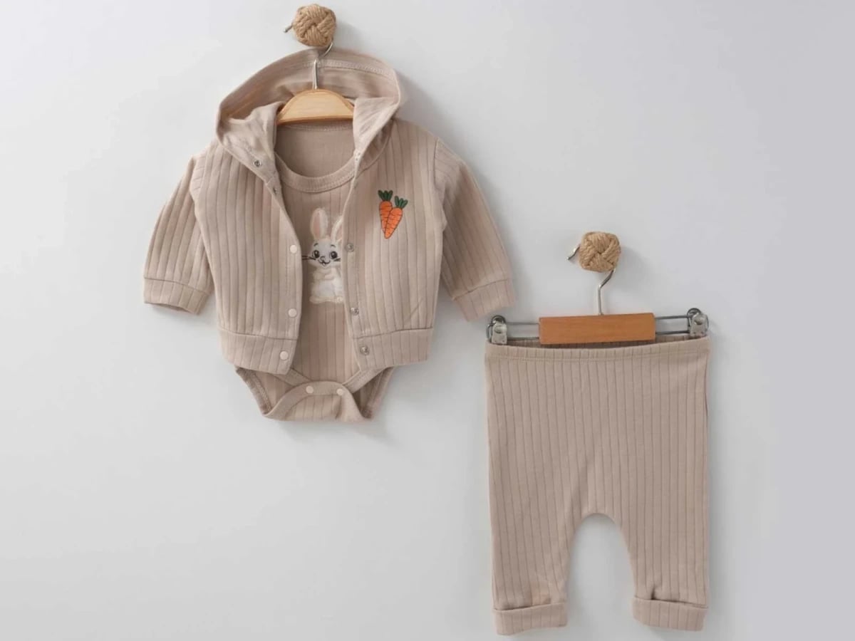 Beige Knit Baby Girl Set with Bunny Embroidery - 3 Pieces - Nayinom - by Peralane
