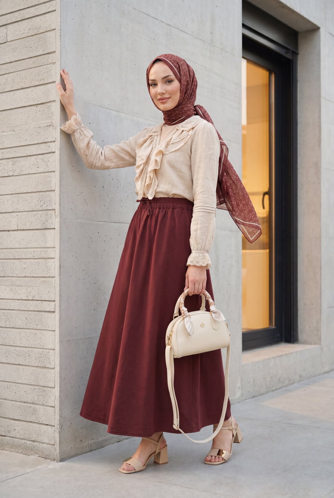 Elasticated Waist Drawstring Pocket Tencel Skirt - Burgundy - Podyumplus - by Peralane - photo 2